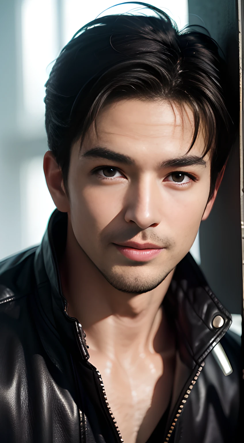 ((Men only)), (Cowboy Shot), (Black handsome muscular man in his 30s), Black handsome muscular man in black leather jacket on bare skin, he resembles Chris Redfield from Resident Evil,  Mischievous smile, (detaile: 1 in 1), Natural muscles, HIG quality, beautidful eyes, (Detailed face and eyes), (Face、: 1 / 2), Noise, Real Photographics、... ..........................................................PSD, Sharp Focus, High resolution 8K, realisitic & Professional Photography, 8K UHD, Soft lighting, High quality, Film grain, FujifilmXT3