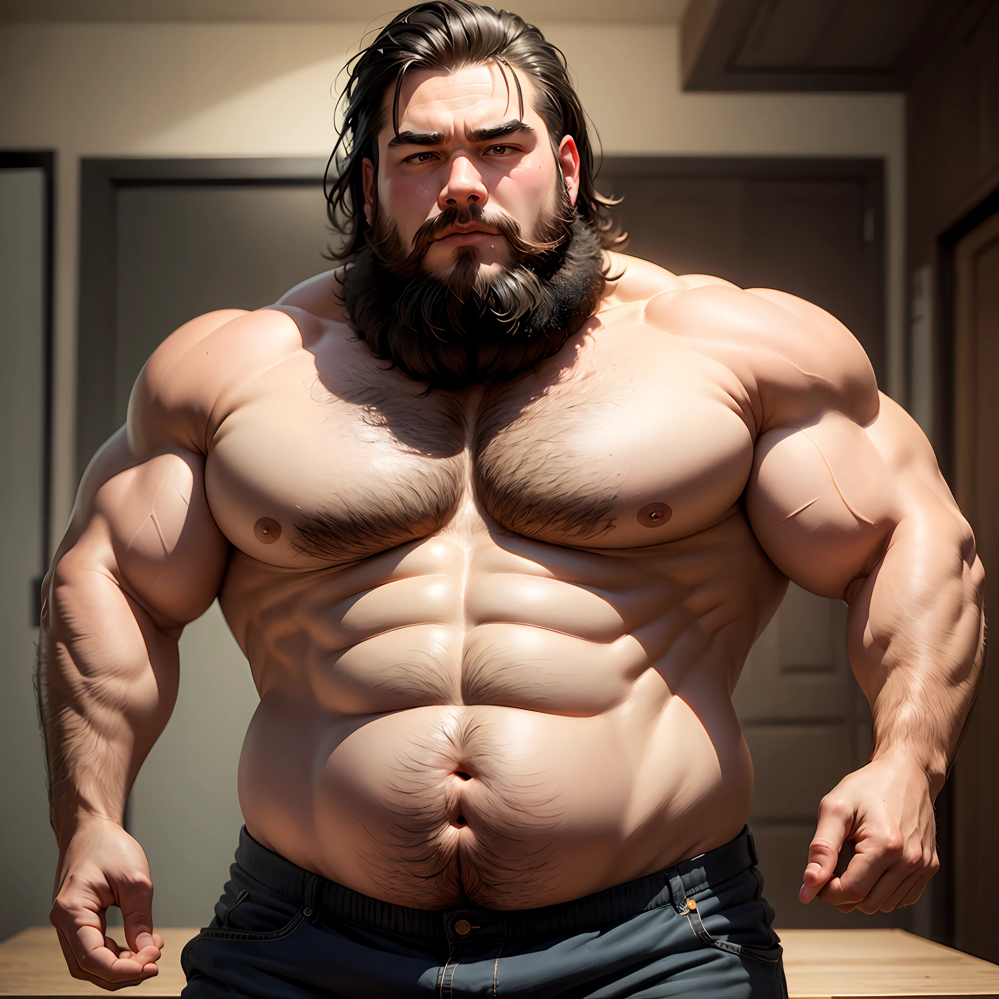 The upper body is undressed,Fat boy,full bodyesbian,Strong man figure,Beard,with a round face,Bend your eyebrows,potbelly,24 years of age, --auto