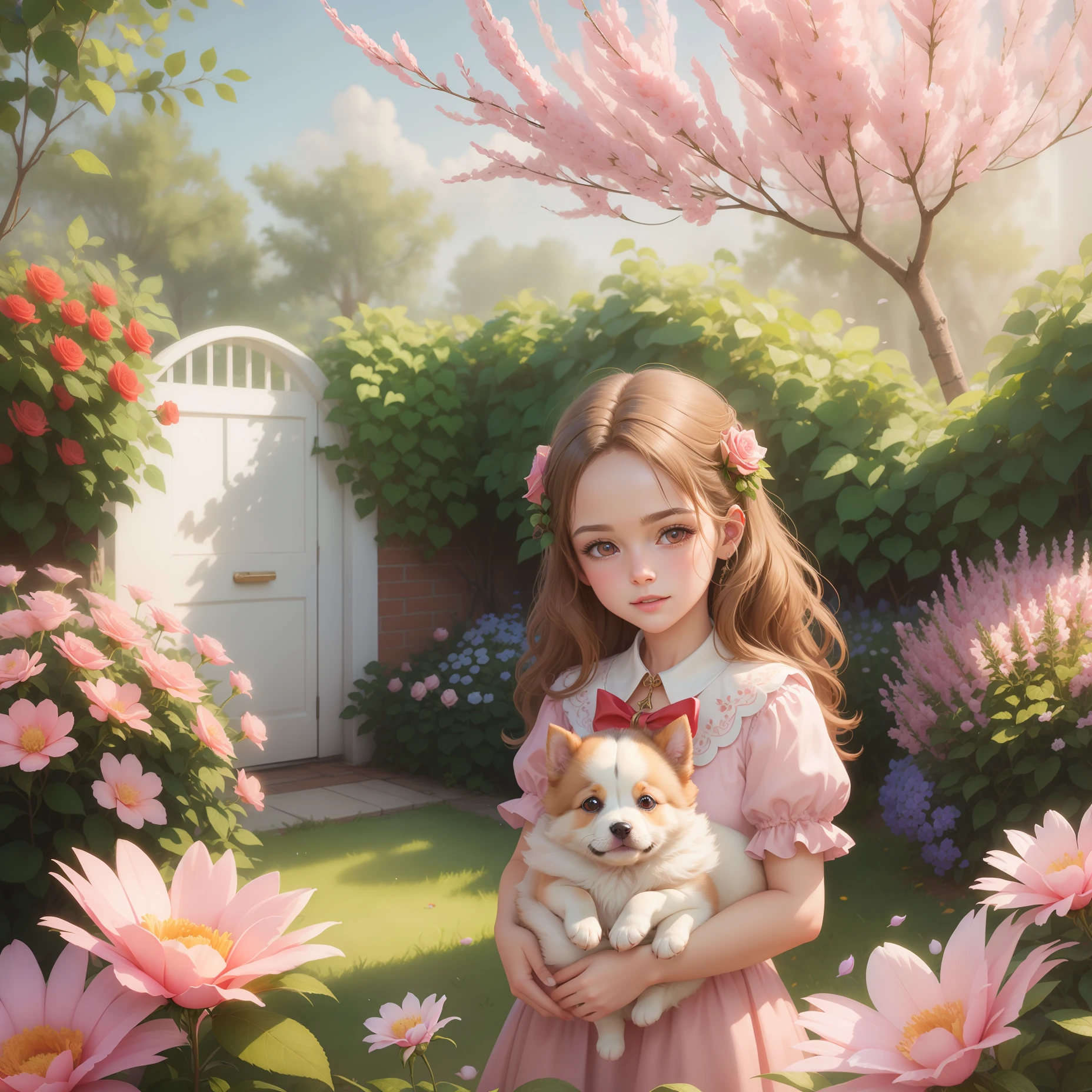 In this ultra-detailed CG art, the adorable puppy surrounded by ethereal roses, best quality, high resolution, intricate details, fantasy, cute animals