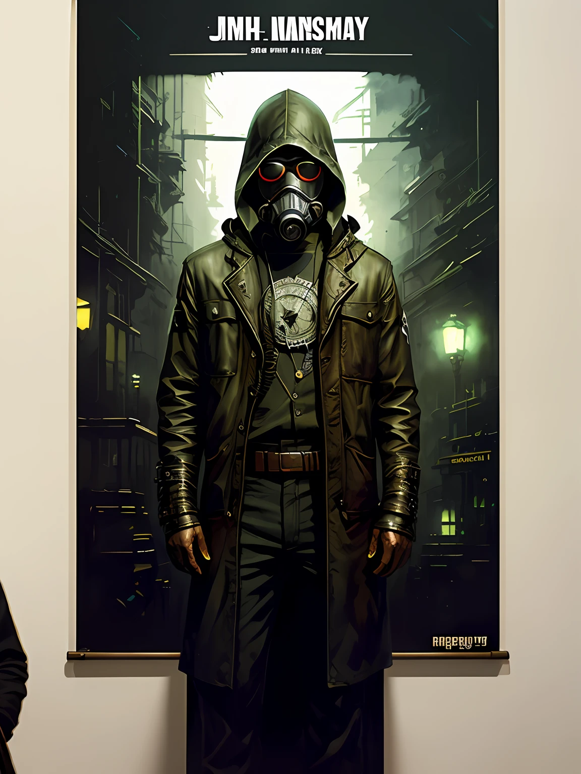 A man with a gas mask and a black hood, vhs effect, (poster: 1.2), wall poster, nostalgia, movie poster, (skin texture), intricate detail, fine detail, super detail, ray tracing, subsurface scattering, Diffuse soft light, shallow depth of field, (Oliver Wetter) Professional majestic oil painting by Ed Blinkey, Atey Ghailan, Studio Ghibli, Jeremy Mann, Greg Manchess, Antonio Moro by (greg rutkowski:1.4), bokeh
