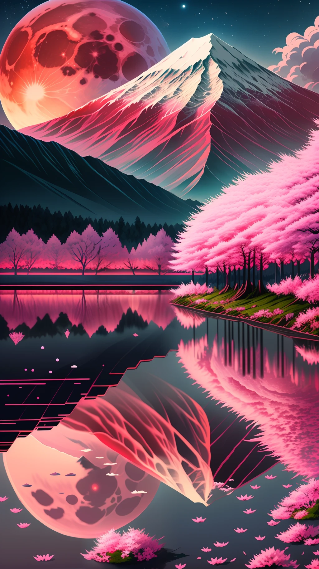 Huge blood moon，Pink Mt. Fuji，Shinkai sincerely，Lake mapping，Cherry blossoms under the mountain，small town，peacful，4k，hyper realisitc，