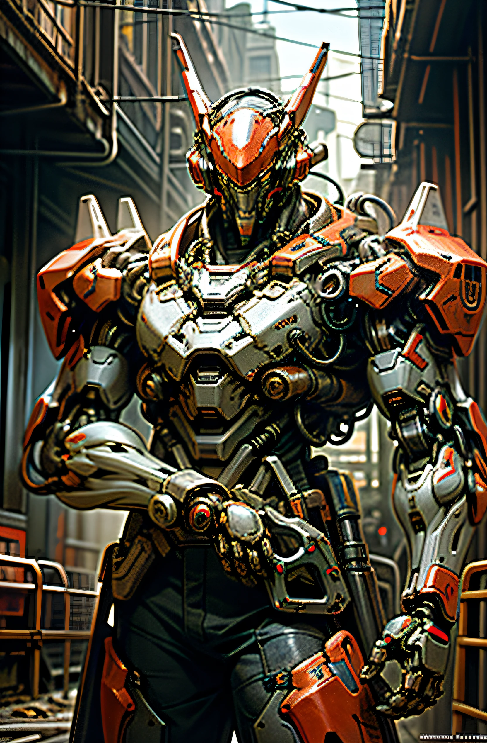 Dark_Fantasy,Cyberpunk,(chain saw,chain saw man,Red:1.1),1man,Mechanical marvel,Robotic presence,Cybernetic guardian, wearing a worn-out mech suit, intricate, (steel metal [rusty]), elegant, clear focus, shot by greg rutkowski, soft lighting, vibrant colors, masterpiece, ((street)), cowboy shot, dynamic pose,