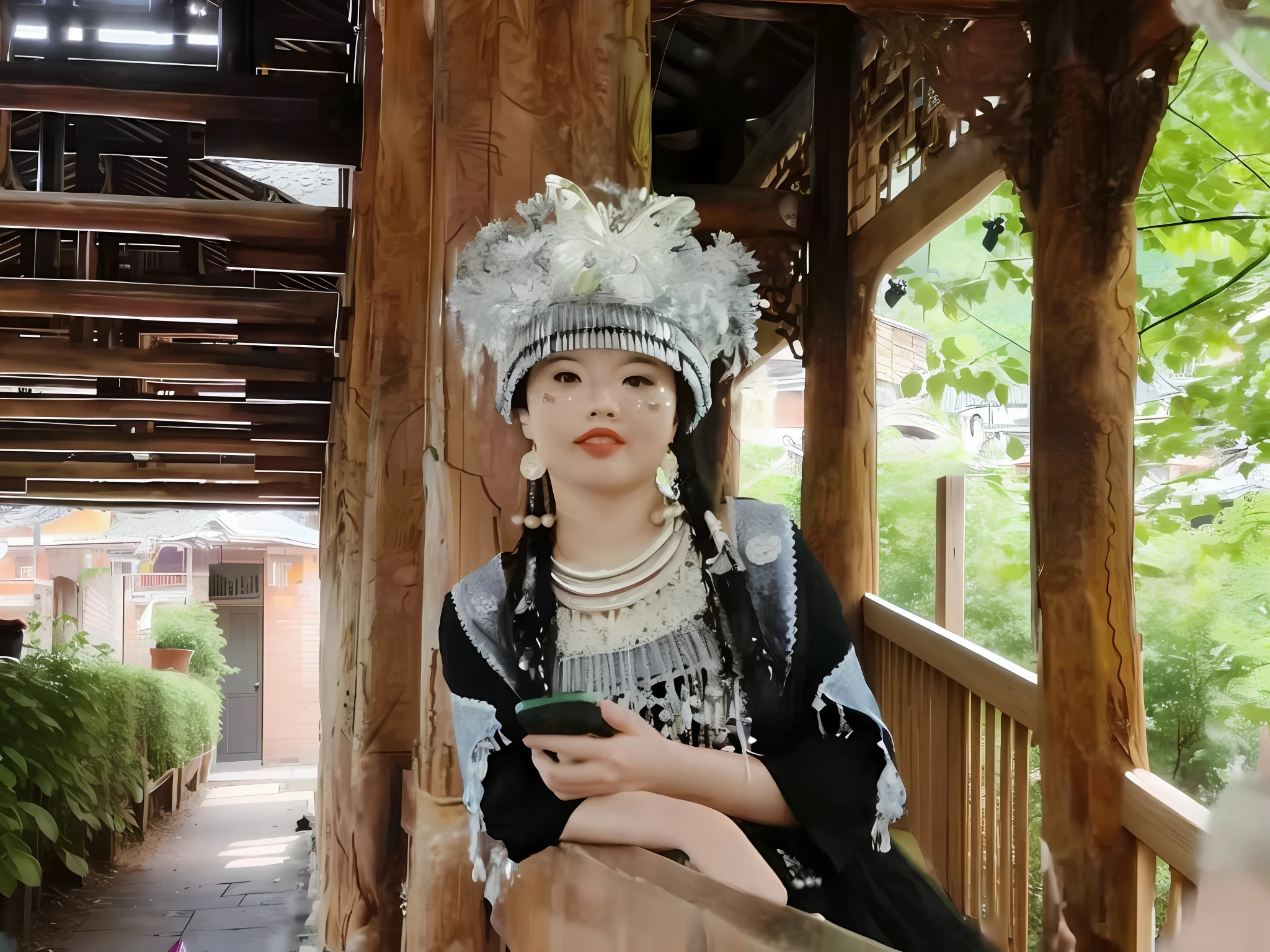 Araki women in traditional dress sit on the porch, Traditional beauty, Chinese traditional, traditional tai costume, inspired by Miao Fu, traditionalcostumes, traditional garb, traditionalcostumes, inspired by Luo Mu, Inspired by Dai Xi, wearing authentic attire, Inspired by Huang Ji, inspired by Li Di, Chinese woman, inspired by Qian Gu