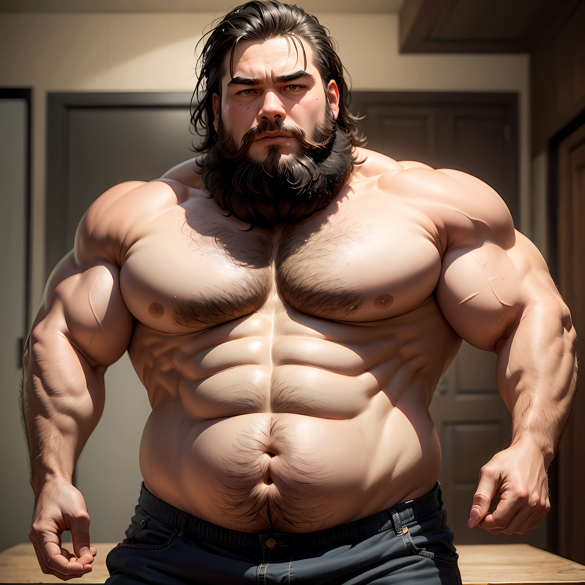 The upper body is undressed,Fat boy,full bodyesbian,Strong figure,Beard,with a round face,Bend your eyebrows,potbelly,24 years of age,bald-headed --auto