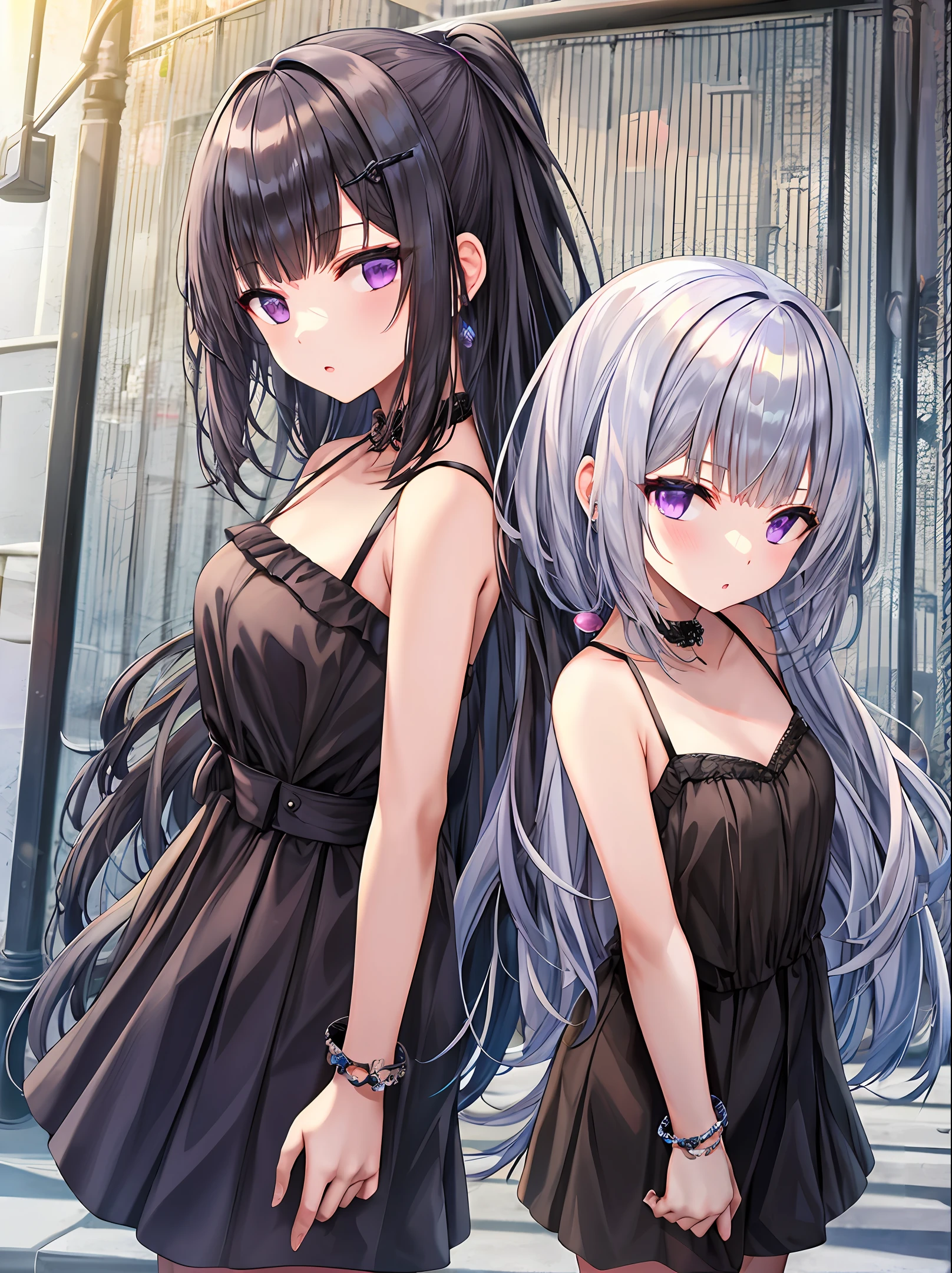 Silver-haired girl with purple eyes and black-haired boy