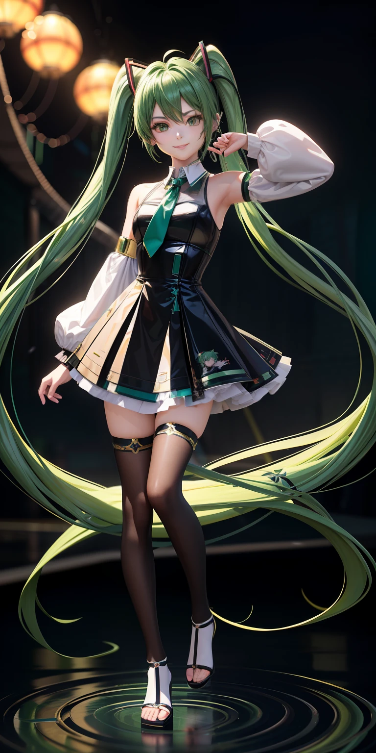 ((Anime – with stylish women with emerald green hair and head、A smile、Celebrating the 15th anniversary of our founding.（miku hatsune）Virtual singers that everyone knows now)), miku hatsune、anime goddess, Anime woman with long hair and twin-tailed emerald green hair, anime styled 3d, a female anime character,full body Esbian、女の子1人、dynamicposes、 3D Anime Woman, made with anime painter studio, Cute 3D animated woman rendering, 19 years old in the anime with twin tail hair, digital anime art, Anime Character, Goddess of Music, anime barbie in white、