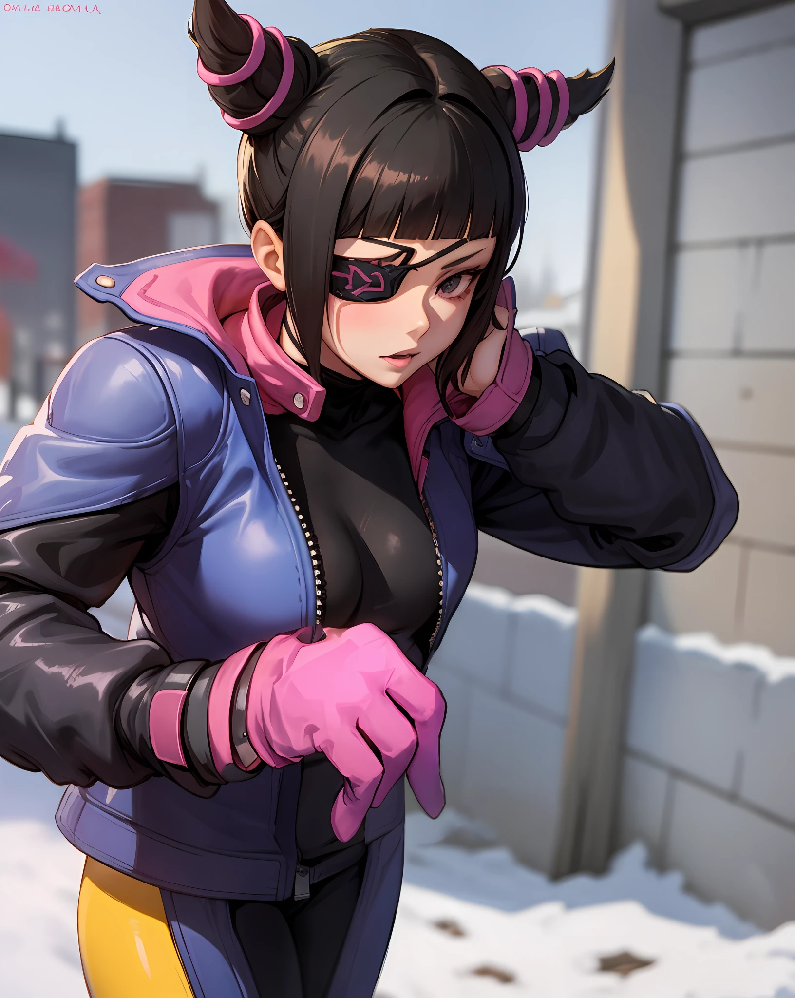 5 fingered pink glove, straight black hair