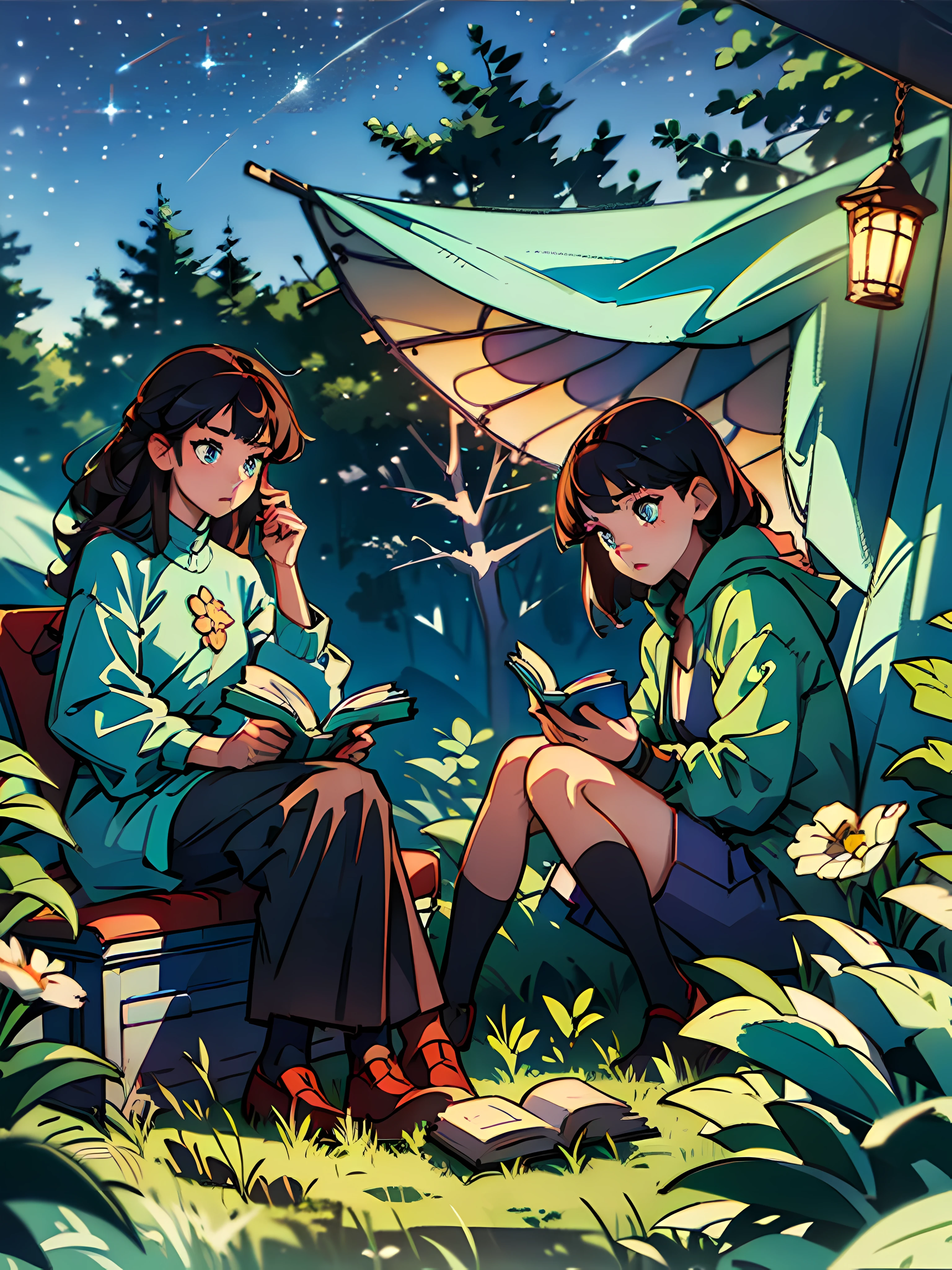 An ultra-detailed, masterpiece illustration of a girl and her friend reading a book inside a tent, with the forest surrounding them and the night-time sky above. Best quality, best illumination, and best shadow.