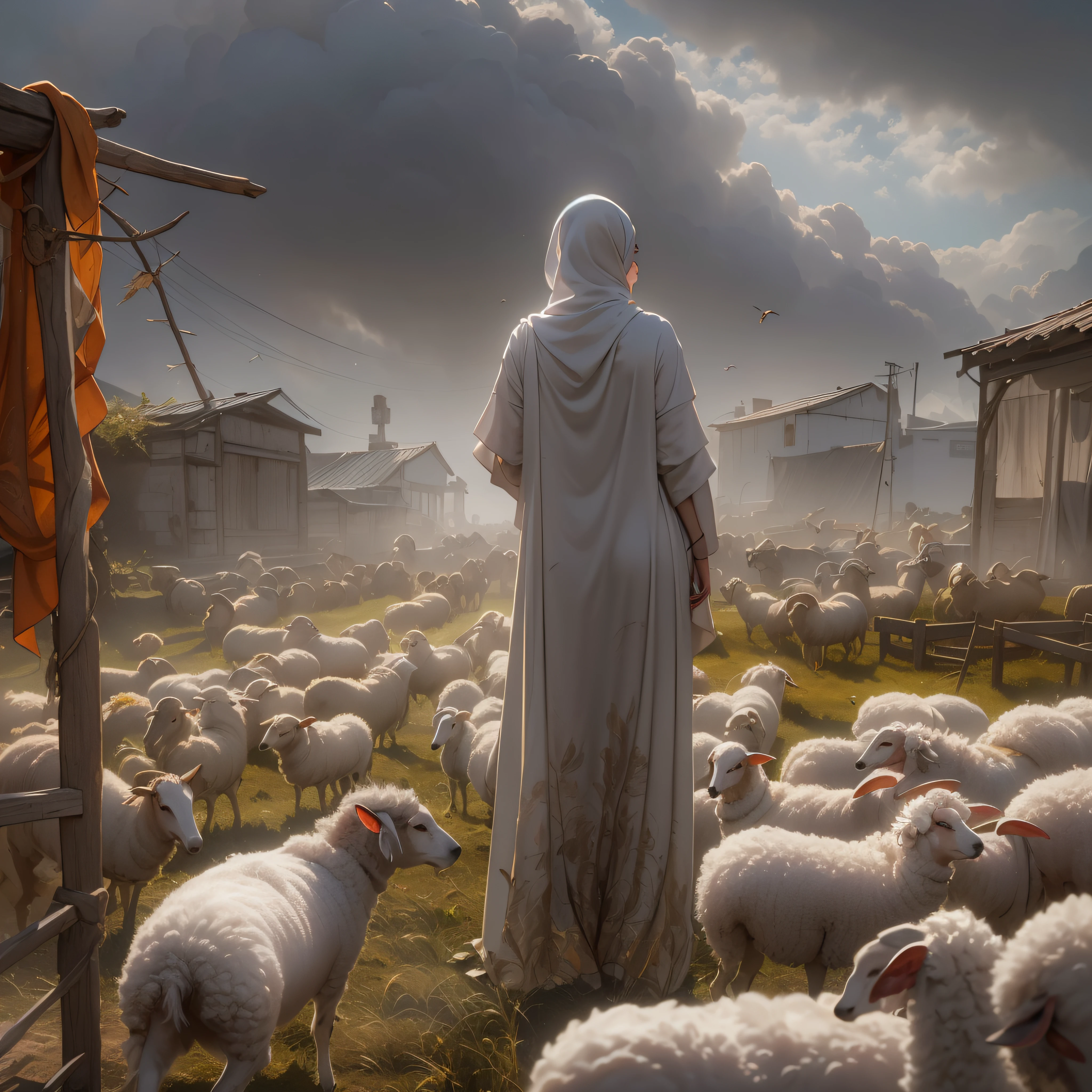 man and woman are talking in market, man, muslim man, man, shepherd holding a stick, wandering, sheep, sheep, sheep,sheep,sheep,sheep,sheep, many sheep and dogs and birds, blood, dirty clothes, shepherd holding a stick, wandering, sheep, sheep, sheep,sheep,sheep,sheep,sheep, many sheep and dogs and birds, blood, dirty clothes, ((best quality)), ((masterpiece)), ((realistic)), (detailed), reflective luminous white:1.5, texture glossy orange:1.3, sexy, lots of glow neon mushrooms, mandalas, cinematic, sharp, ray tracing, brightness, luminosity ((best quality)), ((masterpiece)), ((realistic)), (detailed), reflective luminous white:1.5, texture glossy orange:1.3, ((high jumper's body proportions)), ((obesity: 0.0)), (((no panties)), ((no panties))), ((No pants),(No socks)),(No skirt)))),((No shoes)))),((Dynamic posture)), (Full body), (Greek feet), (Correct anatomy)),((Correct dissection))),(((the robe flutters with the wind))), (((the world of clouds and mist))), (the clothes are painted with blood and dush)))), (almost naked))) slender body, ((Bust mostly exposed with full see-through))), Perfect slim body (nipple slip: 0.5) see-through, blood,