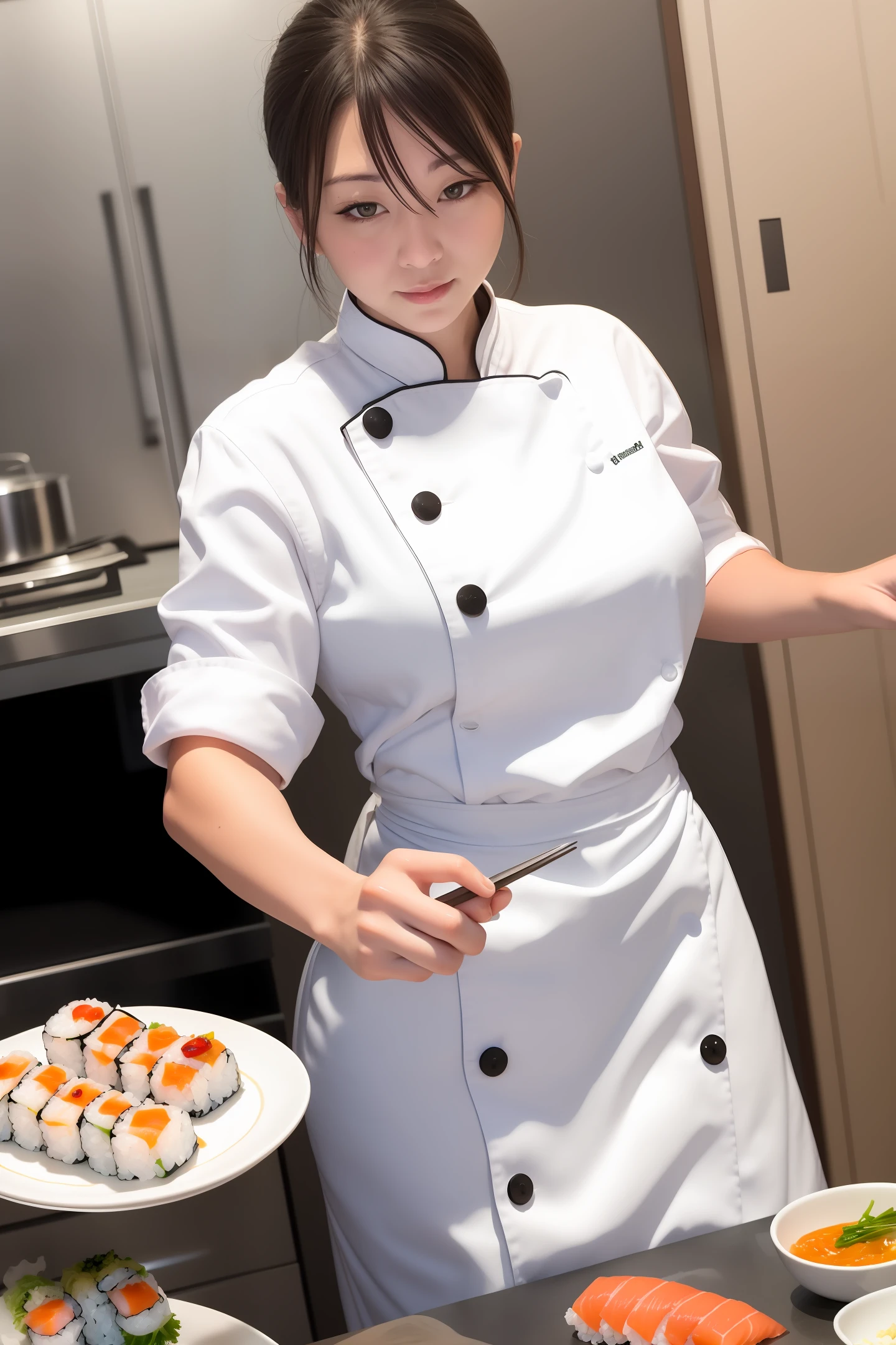 A light female chef who makes sushi