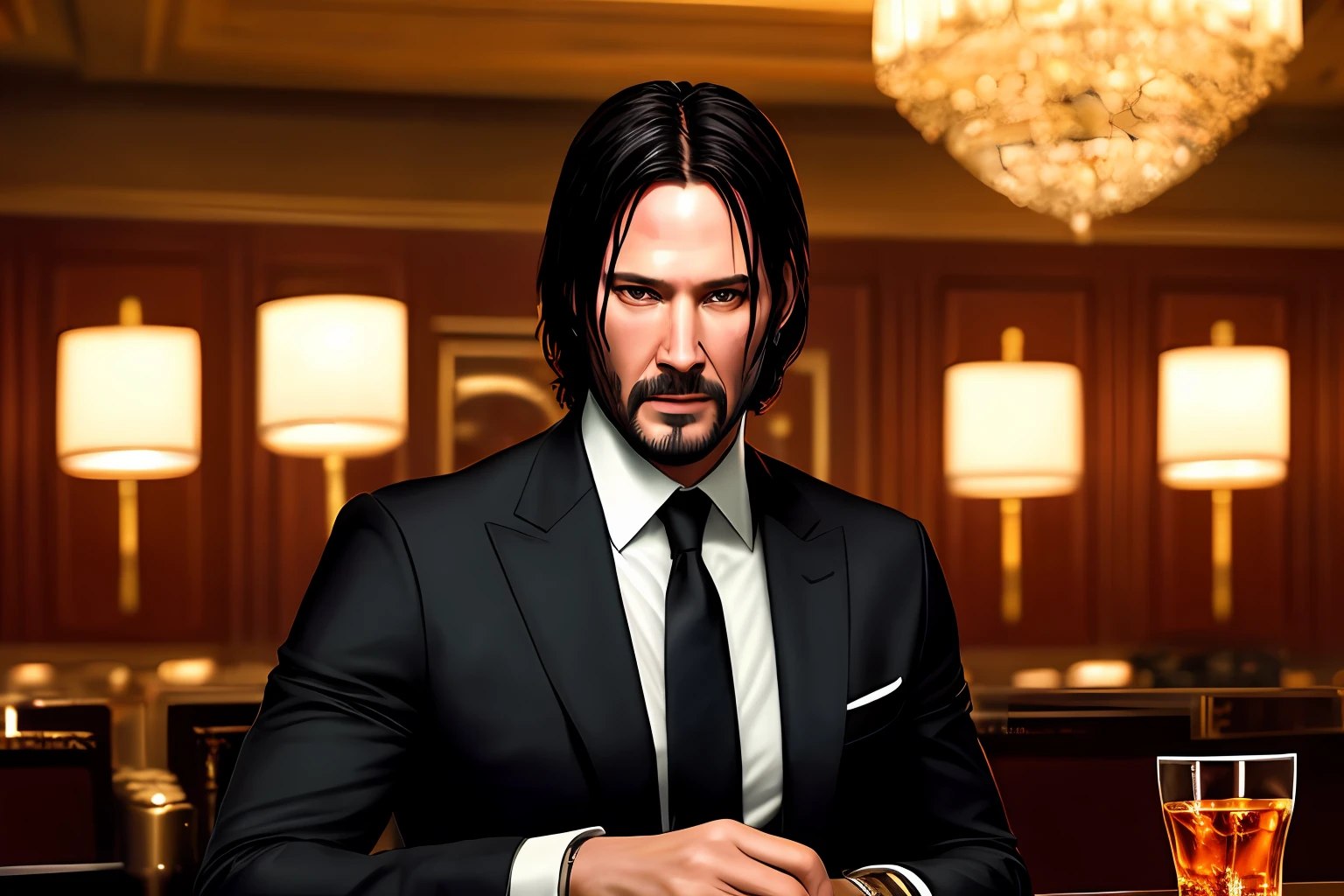 (masterpiece), (magnificent art), (masterpiece), John Wick in The Continental Hotel, well-tailored and chic suit, drink Bourbon, vibrant and very detailed eyes, mobster meeting environment, Adobe Illustration, Trending on Artstation, ambient lighting, vivid colors, 50mm bifiocal lens, -