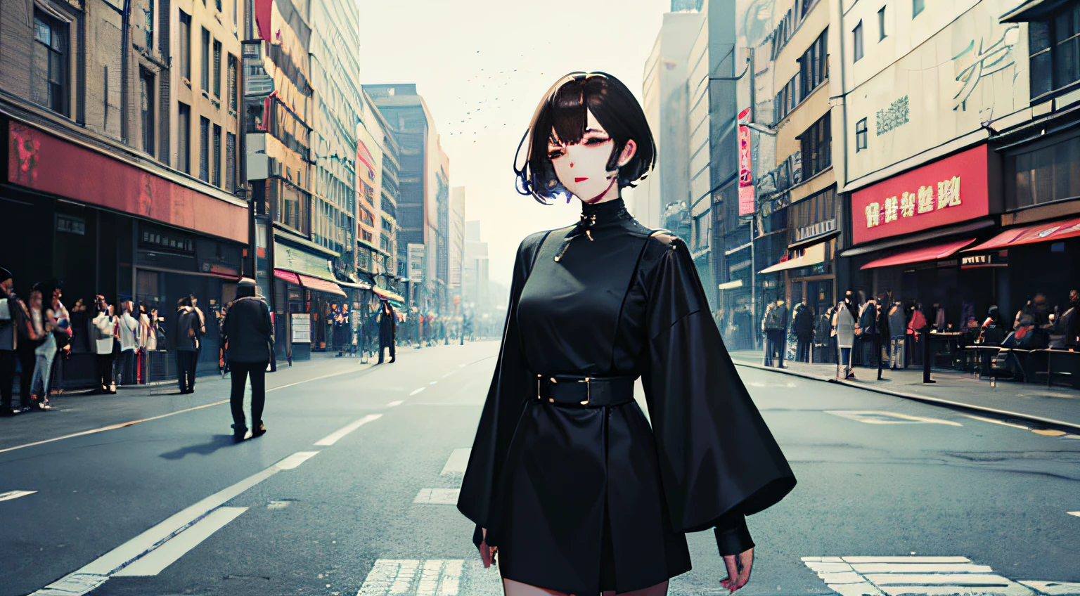 tmasterpiece,Best quality at best,ultra - detailed,absurderes, 5girl,Black hair short hair,brunette color hair,Detailed eyes,largeeyes,eyeslashes,Towards the audience,Street background,Black Themes,The Yakuza,silent atmosphere,Particle effect --auto