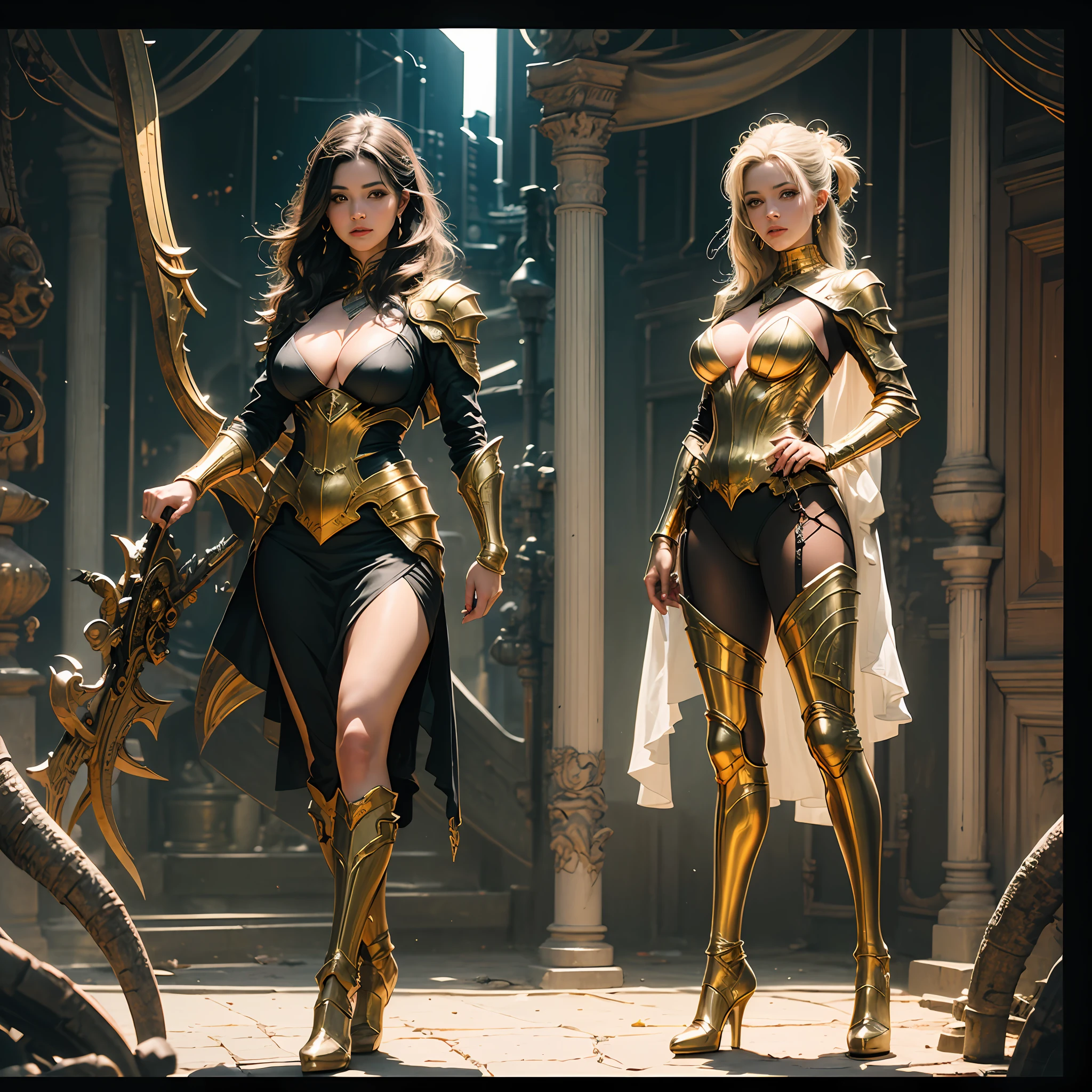 (Award-winning digital artwork:1.3) of (sketching:1.3),(with dynamism:1.3)Spidey,EmmaRob,CGSociety,ArtStation,(Saturation:1.3),(Close portrait:1.3),(femele:1.4),(big breasts beautiful: 1.4),(carismatic:1.3),Handsome,calendar pose,Perfect Detailed Eyes,studiolight,Theme,angelicales,Full breasts,The legs are fair and slender,Gold-tone high-heeled boots,cabellos largos dorados,gold armor --auto