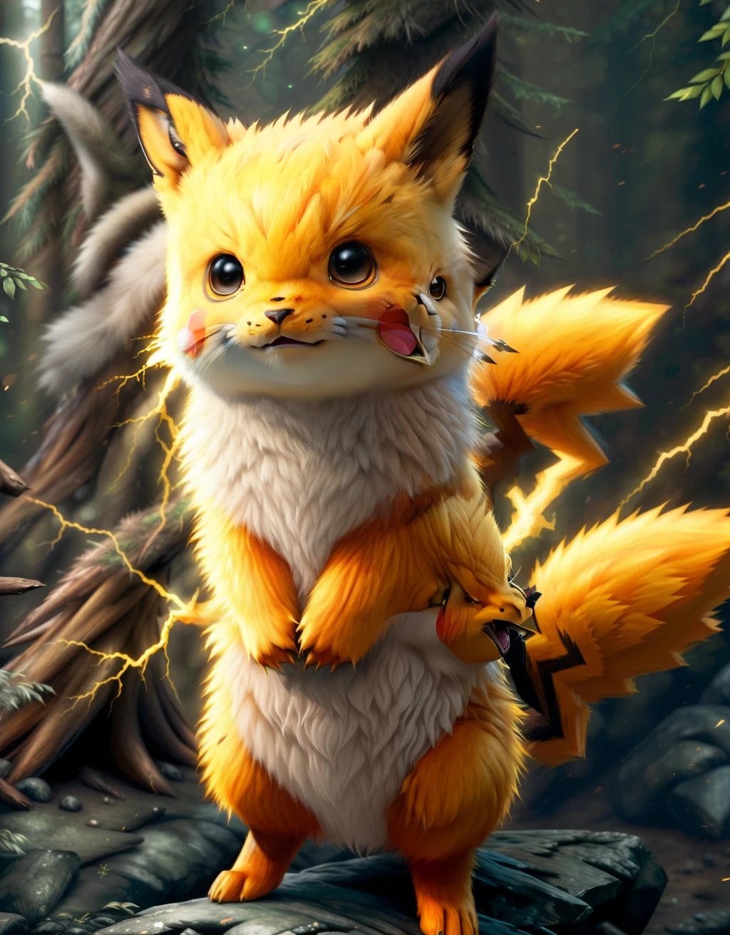 photo of the most beautiful artwork in the world featuring (fur:1.2), pokemon, with lightning coming from cheeks, full body 8k unity render, action shot, skin pores, very dark
lighting, heavy shadows, detailed, detailed face, (vibrant,
photo realistic, realistic, dramatic, dark, sharp focus, 8k),
(intricate:1.4), decadent, (highly detailed:1.4), digital
painting, octane render, ((forest background:1.2))