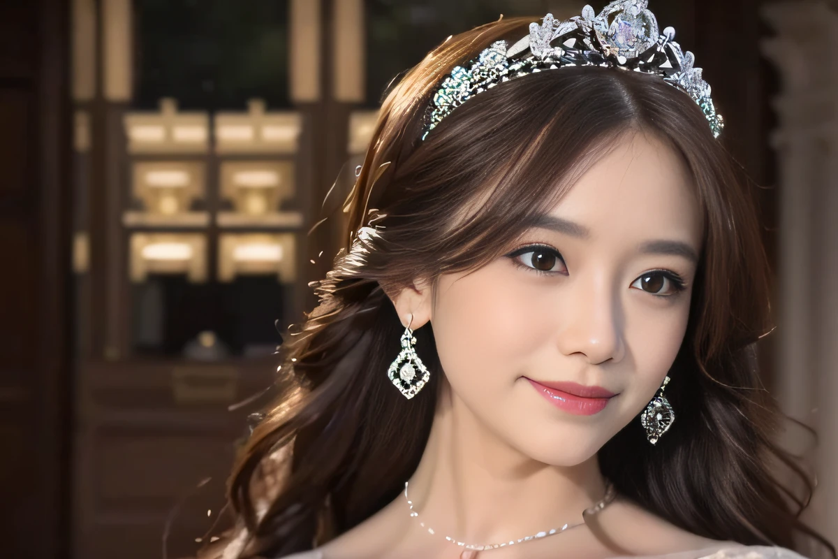 masterpiece, best quality, realistic, 1woman, mature, aged up, long brown hair, broad shoulders, small head, portrait, closed mouth, night, dark thema, the best light and shadow, wedding dress, Bouquet, Tiara, diamond necklace and earrings, flowers, black background