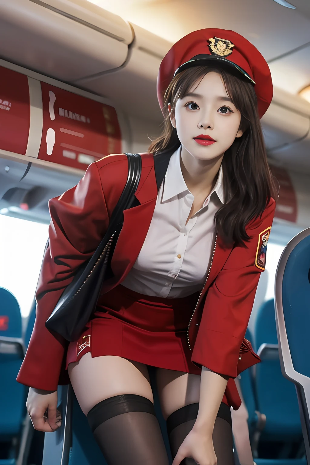 (Best quality: 1.1), (Realistic: 1.1), (Photography: 1.1), (highly details: 1.1), (1womanl), airline stewardess,red coat,short skirt,black lence stockings,bent down,mix4,in plan,In the plane,Hat