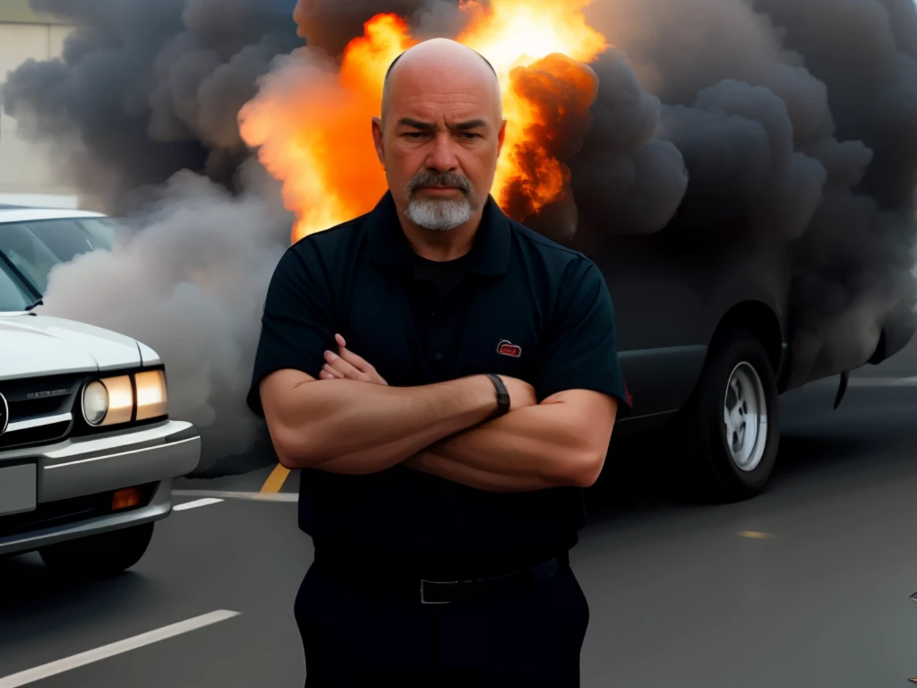 Bald man standing in front of a car with smoke billowing from it