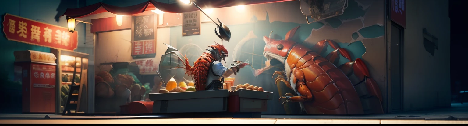 3D murals,oil painted,food stall,People who eat late-night snacks,Realistic crayfish,Realistic holes,There are cracks in the old walls,ultraclear,Hyper Real,Oil painting texture,nighttime scene,Dappled light and shadow,Lively street,Bustling food stalls at night,超高分辨率,Textured colors --auto
