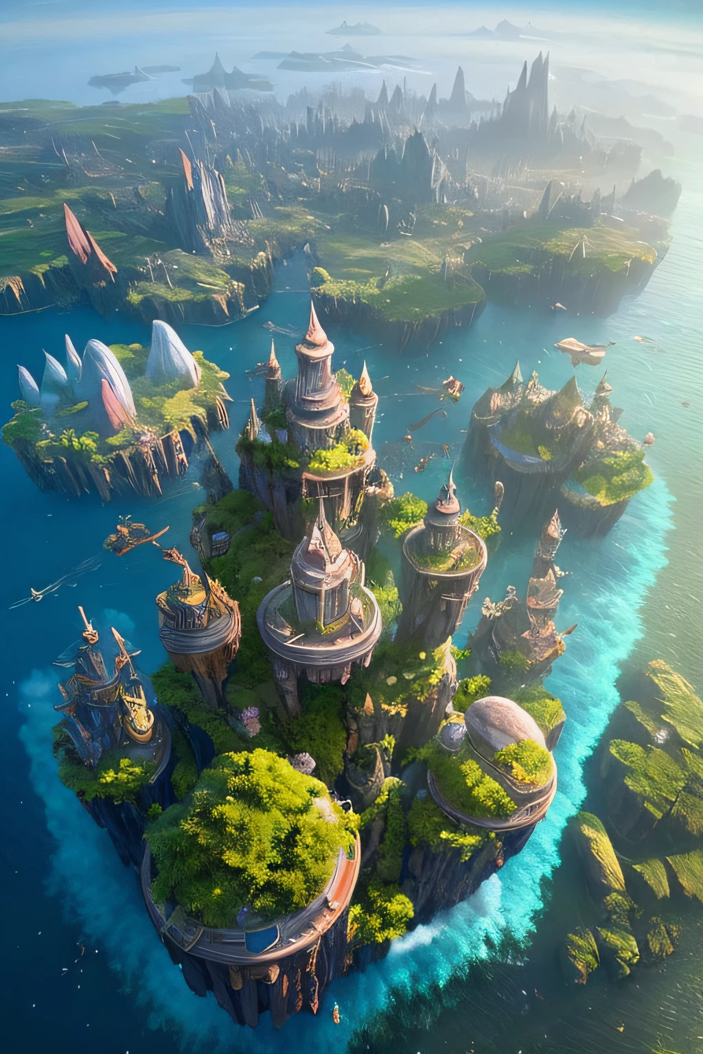 Many islands are suspended in the air with many small airships flying around, cities, fantasy, magical plants growing, extreme details, realistic light, epic composition, (complex details), (complex design, ultra-details :1.2), Art Station, (Masterpiece, Best Quality), Ultra HD, 32k --v 6