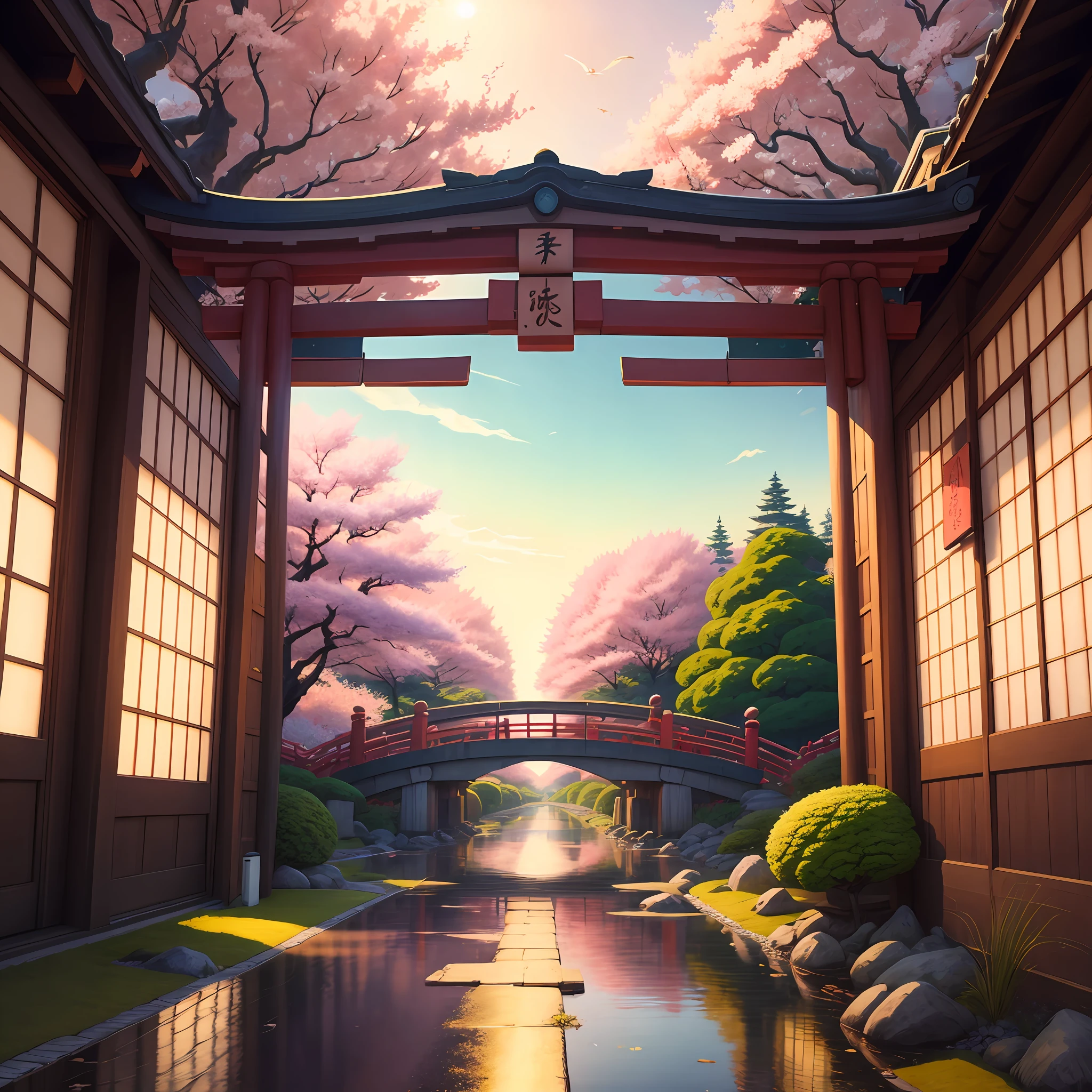 (Digital Painting)、(top-quality)、Peaceful Japan garden、cherry blossom in full bloom、pedestrian bridge、pylons、Ukiyo-e Art Style、Hokusai's inspiration、Popular deviant art、8K Ultra Real、Pastel Color Schemes、Soft lighting、the golden hour、tranquil atmosphere、sideways Facing