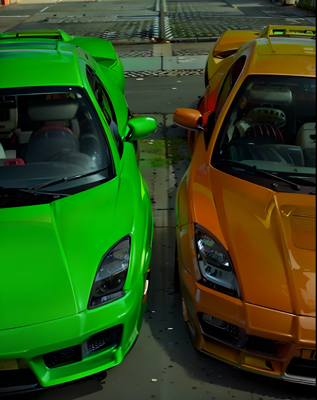 two cars are parked side by side in a parking lot, realistic cars, orange and green power, car trading game, specular colors, tinted colours, volumetric diffuse shading, realistic paint job, bold lamborghini style, lamborghini, raytraced realistic, colorised, symmetric!, cars parked, inverted colors, some yellow green and blue, supercar, random metallic colors