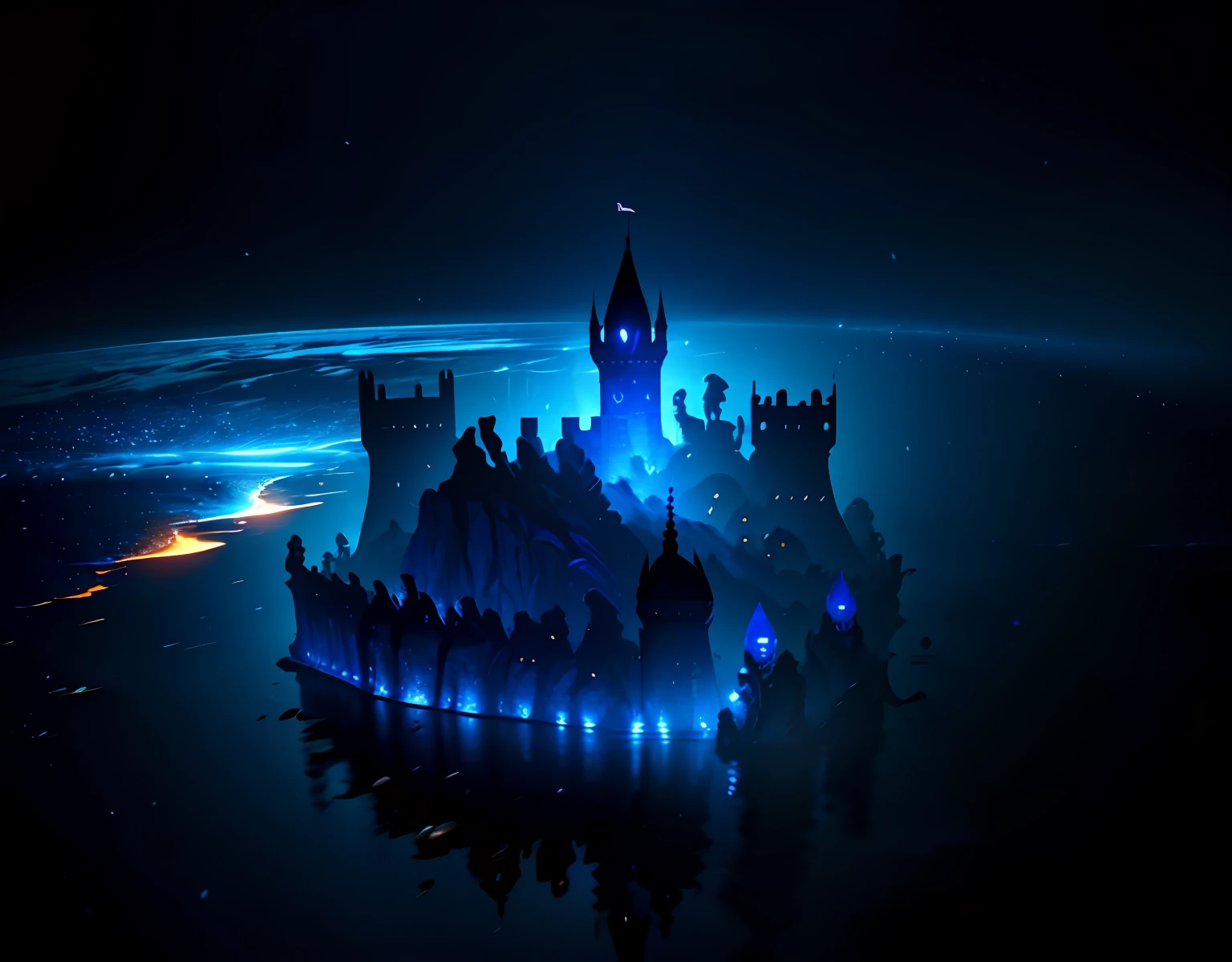 ((illustration, Ultra HD, Ultra detailed, 16k wallpaper, Cinematic lighting, Best quality, BEST lighting, unity 3D, Extremely detailed, Epic , 8K, reflective light, Ray tracing, bold dark colors, cool contrast)), long castle, city medieval, scenic landscape, flat land, Clouds, Clear sky,
