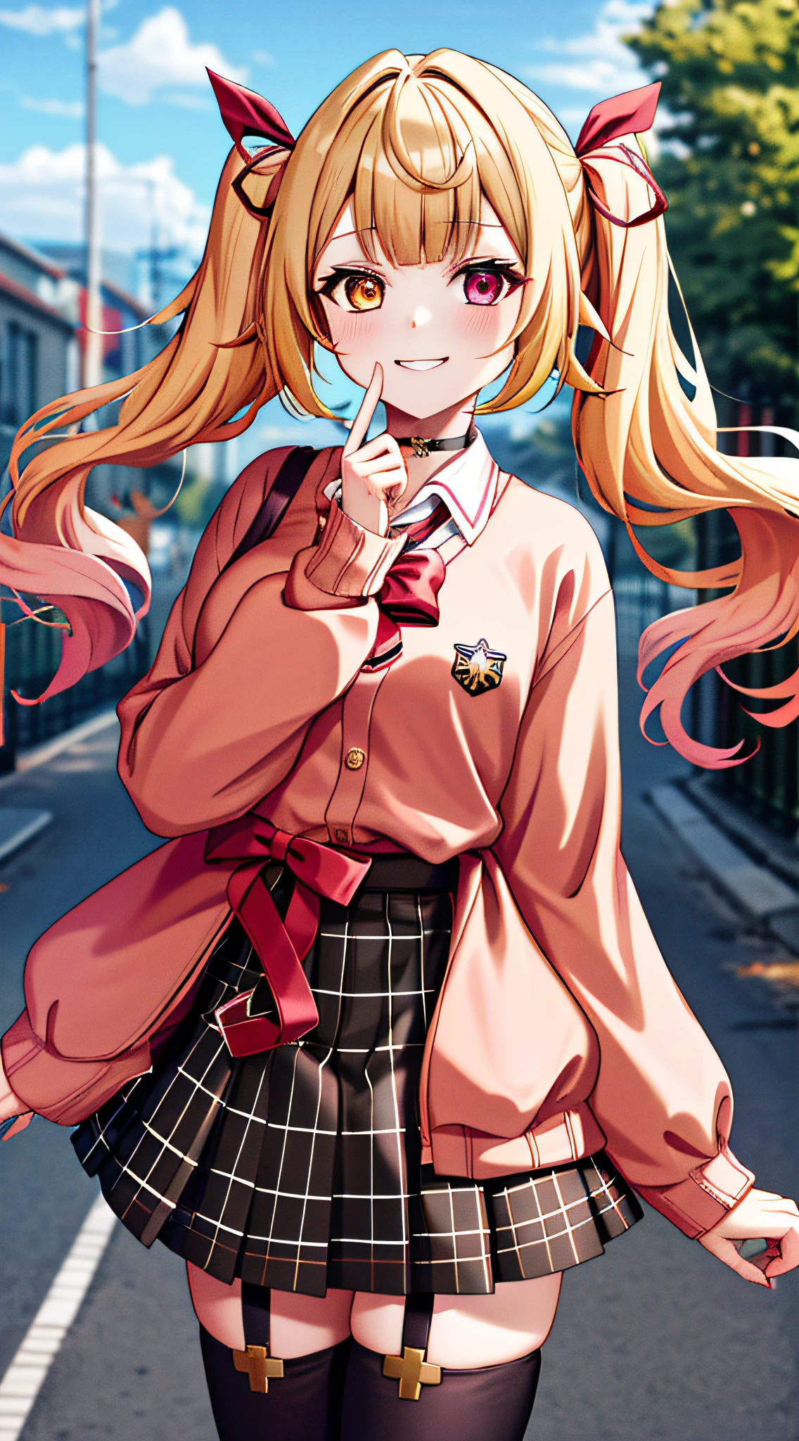 masterpiece, best quality, highres, hs1, red eyes, yellow eyes, twintails, hair ribbon, long sleeves, red bow, pink cardigan, black thighhighs, plaid skirt, red ribbon, black choker, garter straps, school uniform, outdoors, cowboy shot, standing, smile