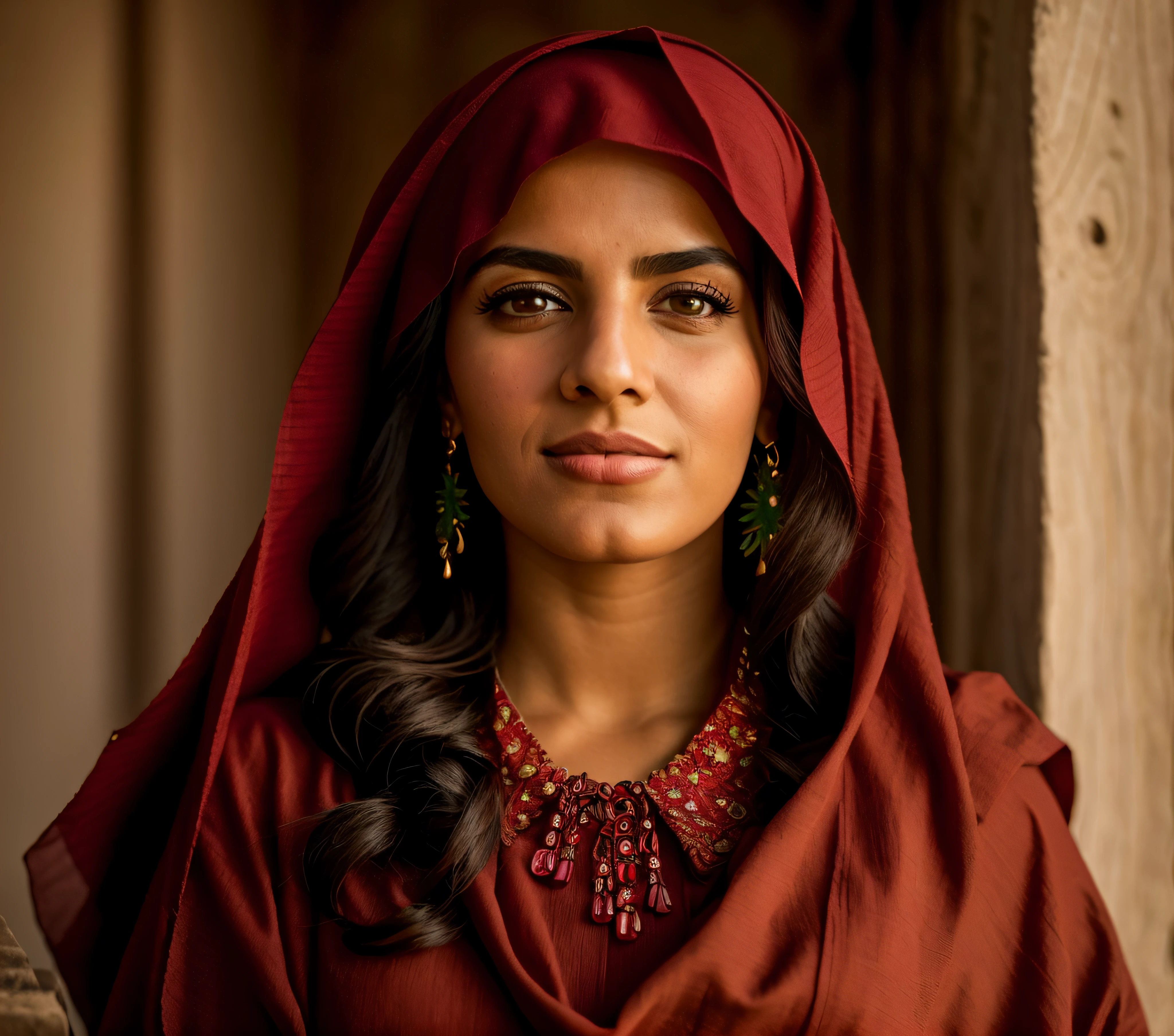mulher jovem, bela, olhos verdes claros, clothes of ancient Galilee from the time of Jesus Christ, Woman wearing a red scarf on red rustic fabric, colar de joias douradas, camisa cor magenta da antiga Galileia, inspirada em Princess Ameerah Al Taweel, mulher linda, arab ameera al taweel, Jedi Feminino, Beautiful, foto hiper realista, iluminada, profundiade de campo,