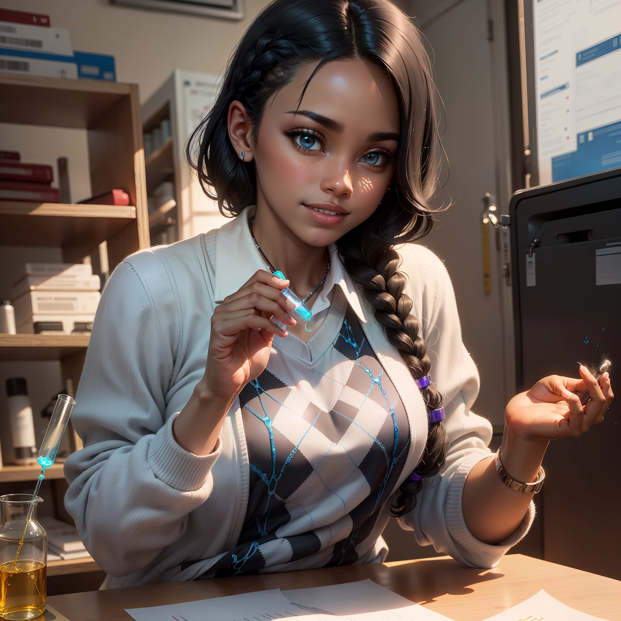 (dramatic illumination, dynamic angle, intense color contrast), (young black woman with black hair in braid pulled over left her left shoulder, brown eyes: 1.2), (holding a test-tube containing blue glowing liquid in right hand:1.2), (wearing blue argyle patterned sweater white collar shirt: 1.1), (in school science lab: 1.1), smiling