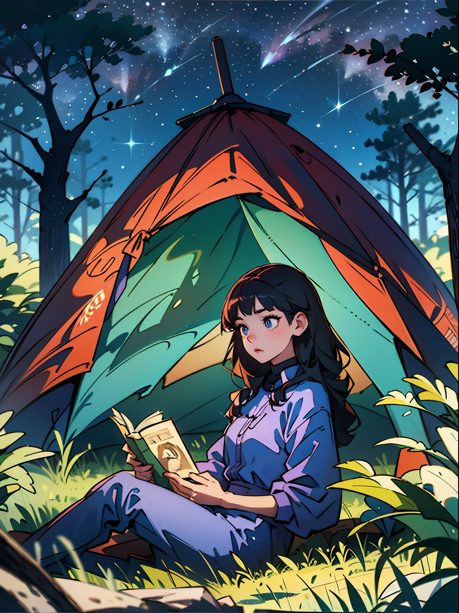 An ultra-detailed, masterpiece illustration of a girl and her friend reading a book inside a tent, with the forest surrounding them and the night-time sky above. Best quality, best illumination, and best shadow.