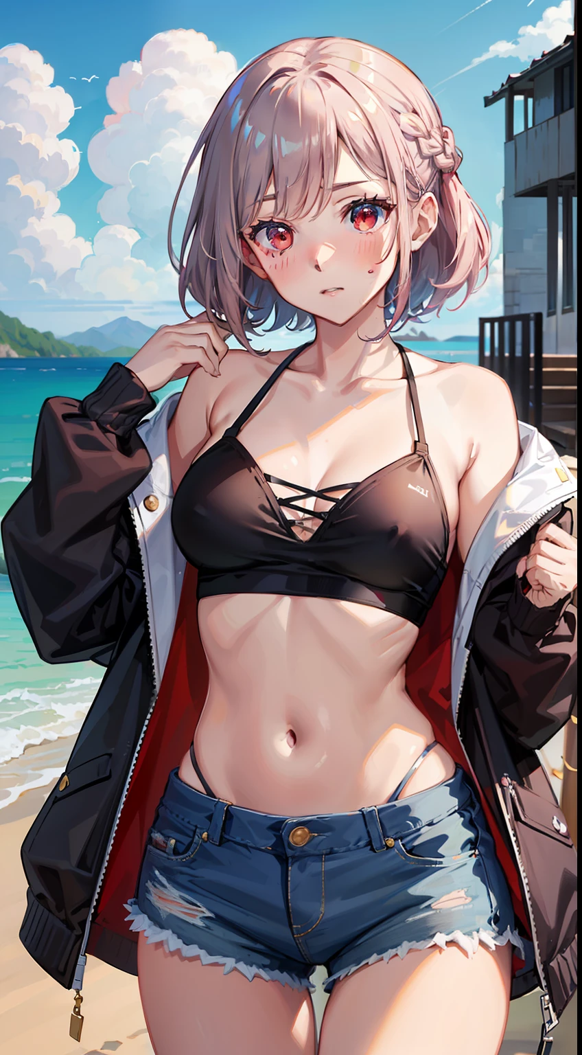 ((Put your hands on your chest)), ((Embarrassing)), ((red blush)), 1 Whole body of a girl, elvish, silber hair, Red Eyes, bob cuts, Braided hair, Fluttering hair, swim wears, The bikini, Denim shorts, Hoodie jacket, gender change, sea side, concept-art, beautiful anime scene, Beautiful anime scenery, top-quality, masterpiece