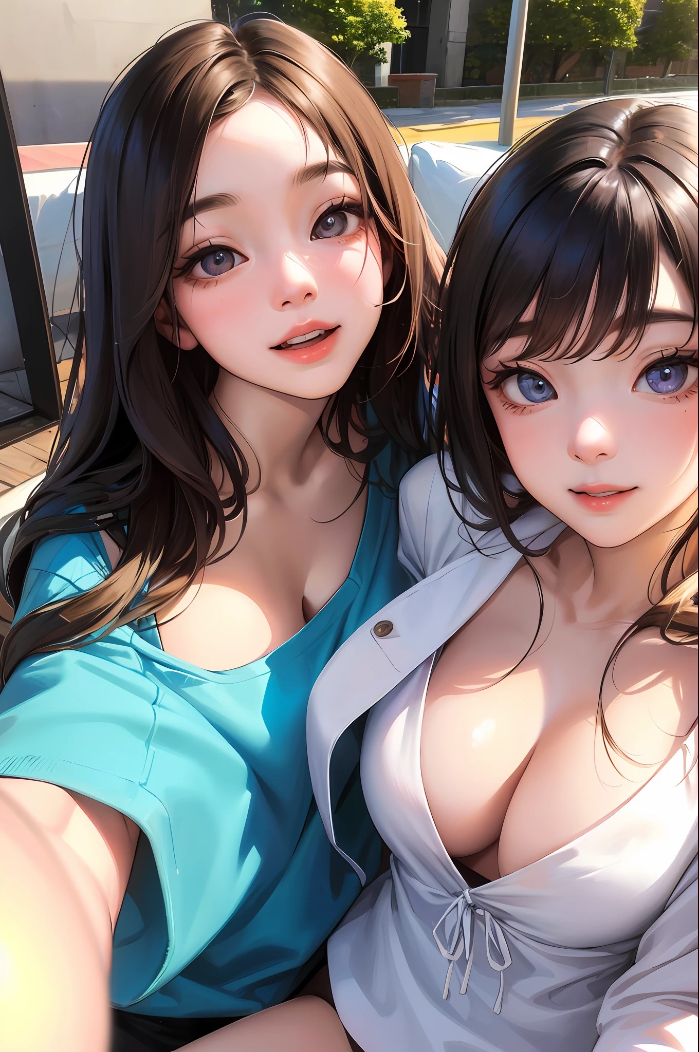 2 girls with realistic skin、selfee、Face Sitting on Oversized Zoom Bed、Face enhancement、Smile、Looking Up、View here、Cleavage emphasis