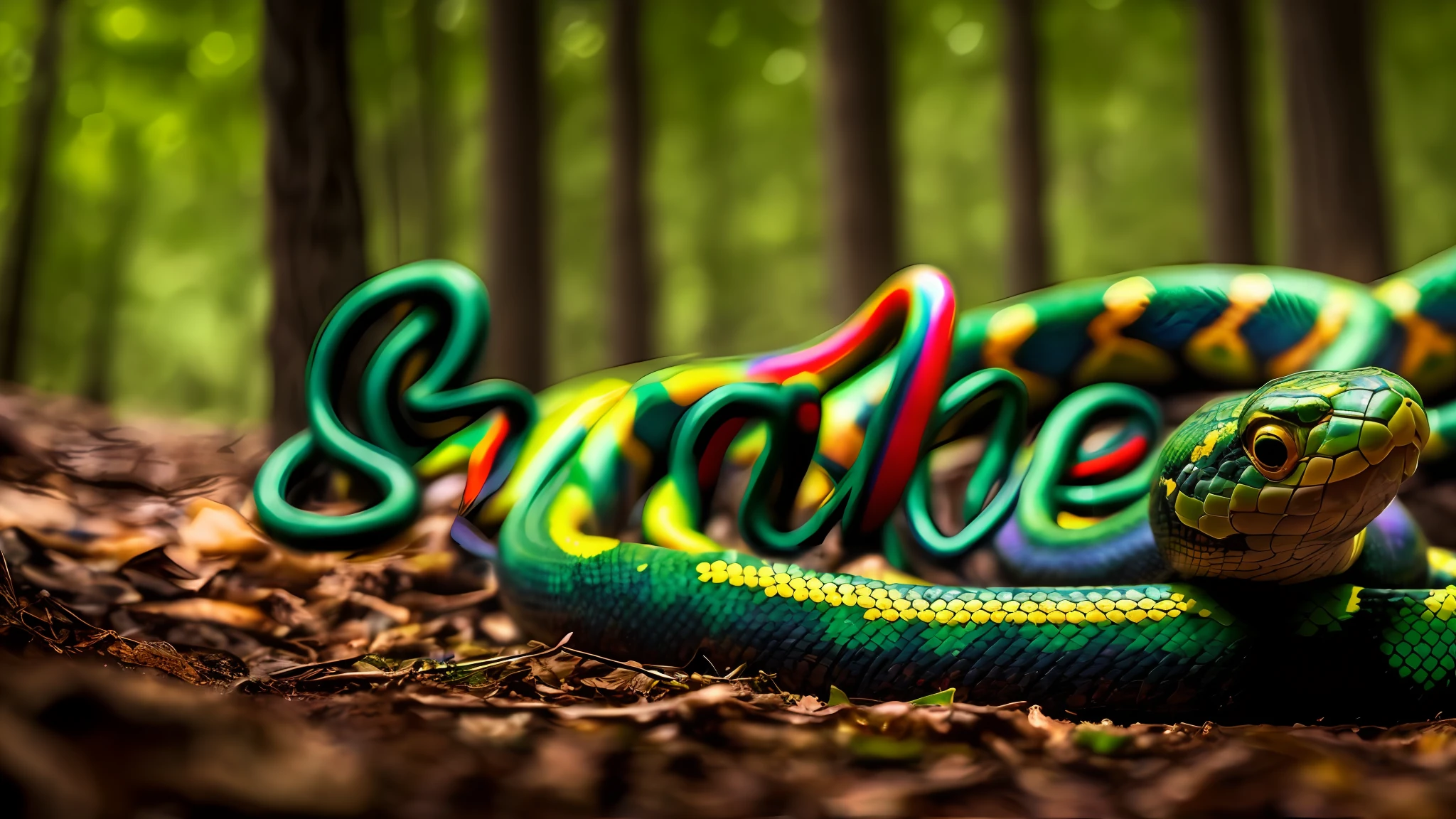 A majestic, yet terrifying snake slithers through a mystical and vibrant forest. Its scales glisten in the sunlight, reflecting a rainbow of colors. A sense of danger and excitement fills the air as the snake moves silently, striking fear into the hearts of any who cross its path.
