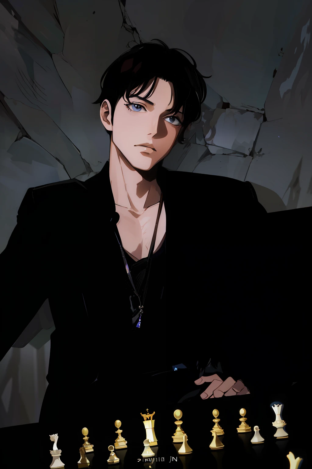 (Masterpiece, Monochrome, Colorful: 1.0), (Maximum Quality: 1.2), (Ultra High Quality: 1.1), Masterpiece, Best Quality, (Very Detailed CG Unity 8k Wallpaper), (High Detailed), (Best Illustration), ( Best Shadow),Image of a man sitting at a table holding a chess piece, Cai Xukun, jung jaehyun, hyung tae, Shin Jinying, Beautiful androgynous prince, wonbin lee, A handsome man，with short black hair, Inspired by Zhang Han, Handsome prince, Extremely handsome, Delicate androgynous prince, woo kim, hong june hyung