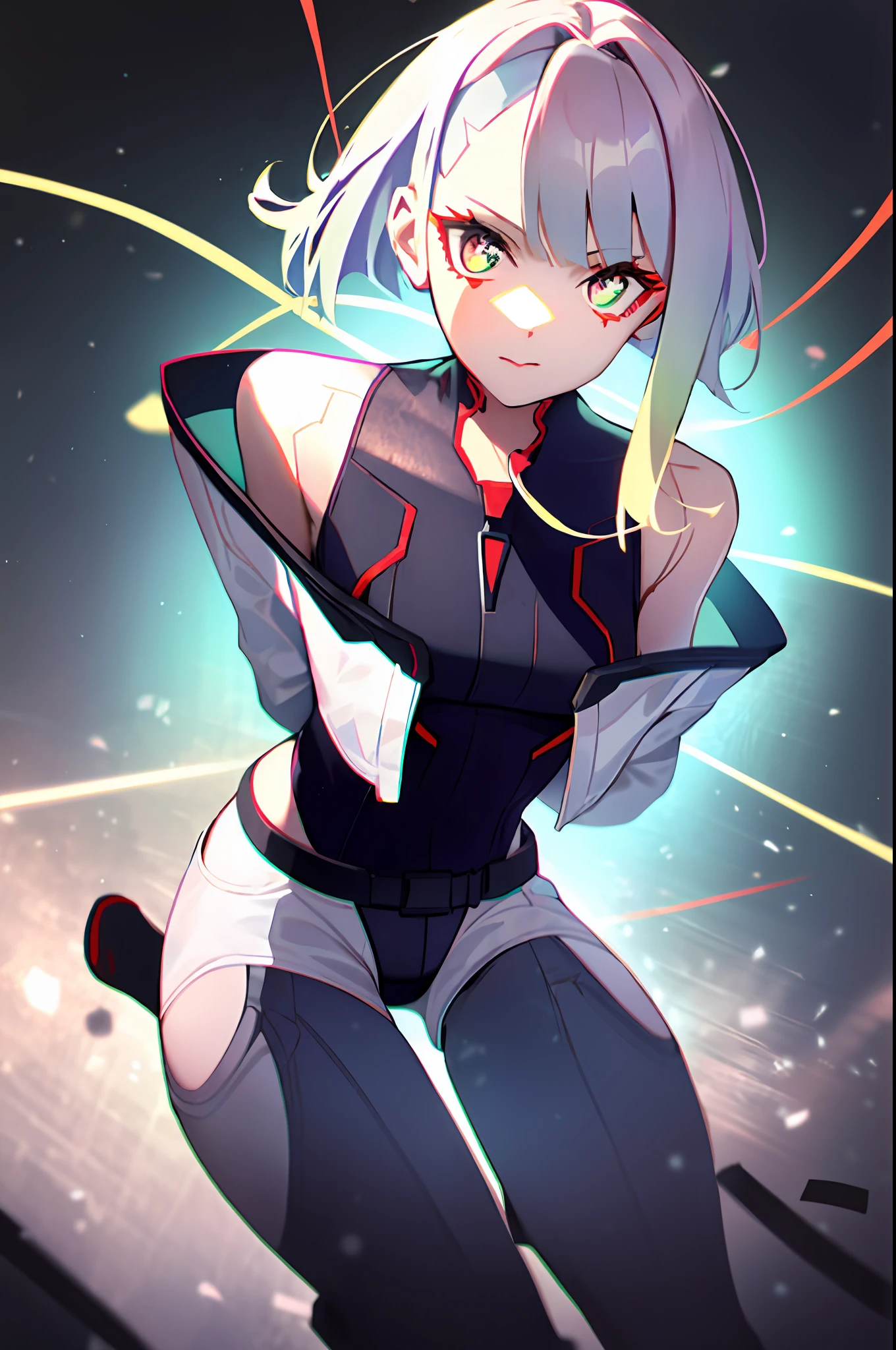 cyberpunk edgerunners, 1girl, lucy \(cyberpunk\), Bare shoulders, blond eyes, nedium breasts, tightsuit, looking at viewert, Smaller breasts, off-shoulder jacket, cropped shoulders, Red eyeliner, long whitr hair, Sleeveless turtleneck bodysuit, solo, Turtleneck tights,whaite hair,((tmasterpiece))