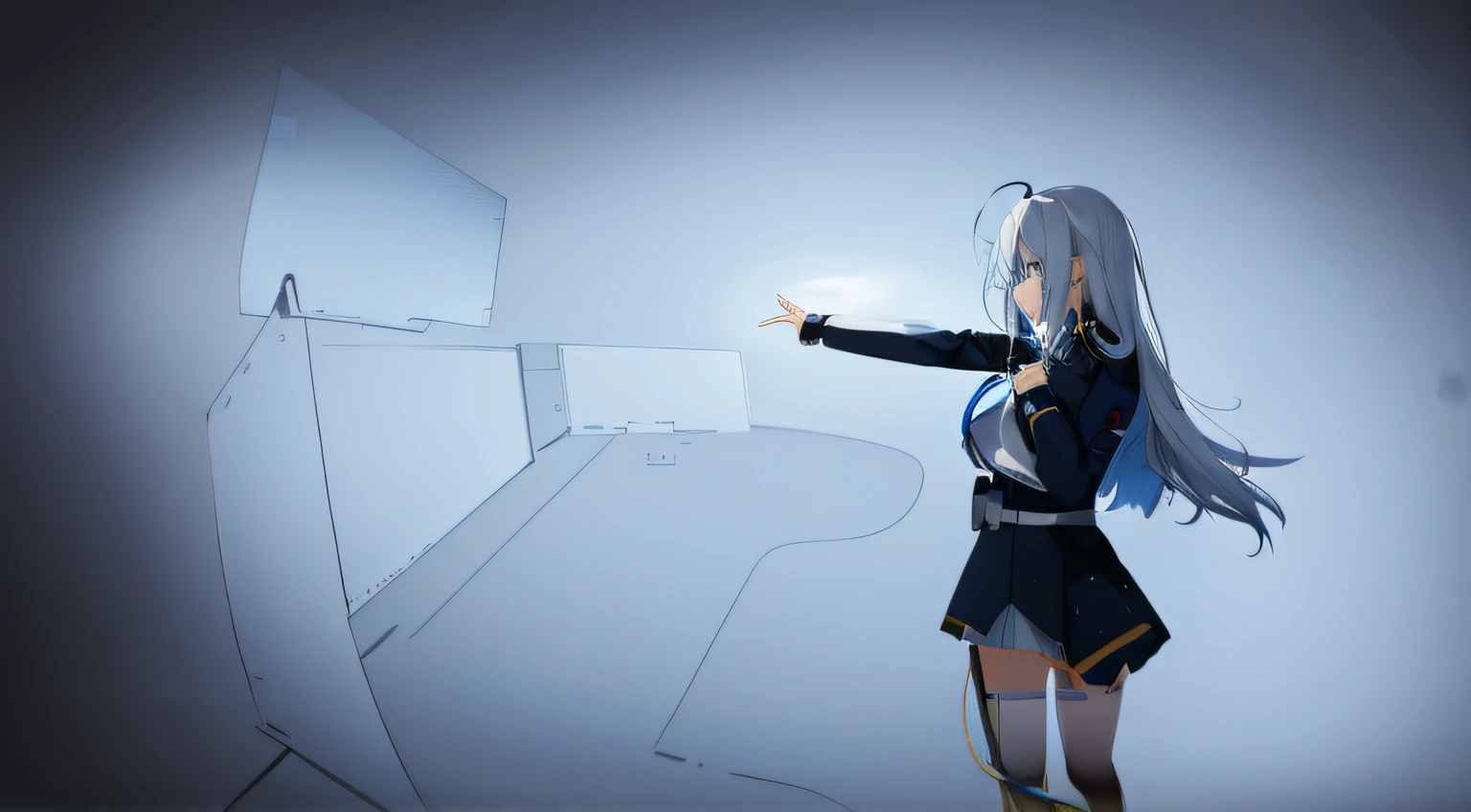 Anime girl in uniform pointing to computer screen,With the lights on, Anime keyframes, keyframe illustration, ufotable art style, Digital art on Pixiv, keyframe, 2 d - animation, Digital anime art, Digital anime illustration, Smooth anime CG art, hologram hovering around her, anime styled digital art, 2D game fanart