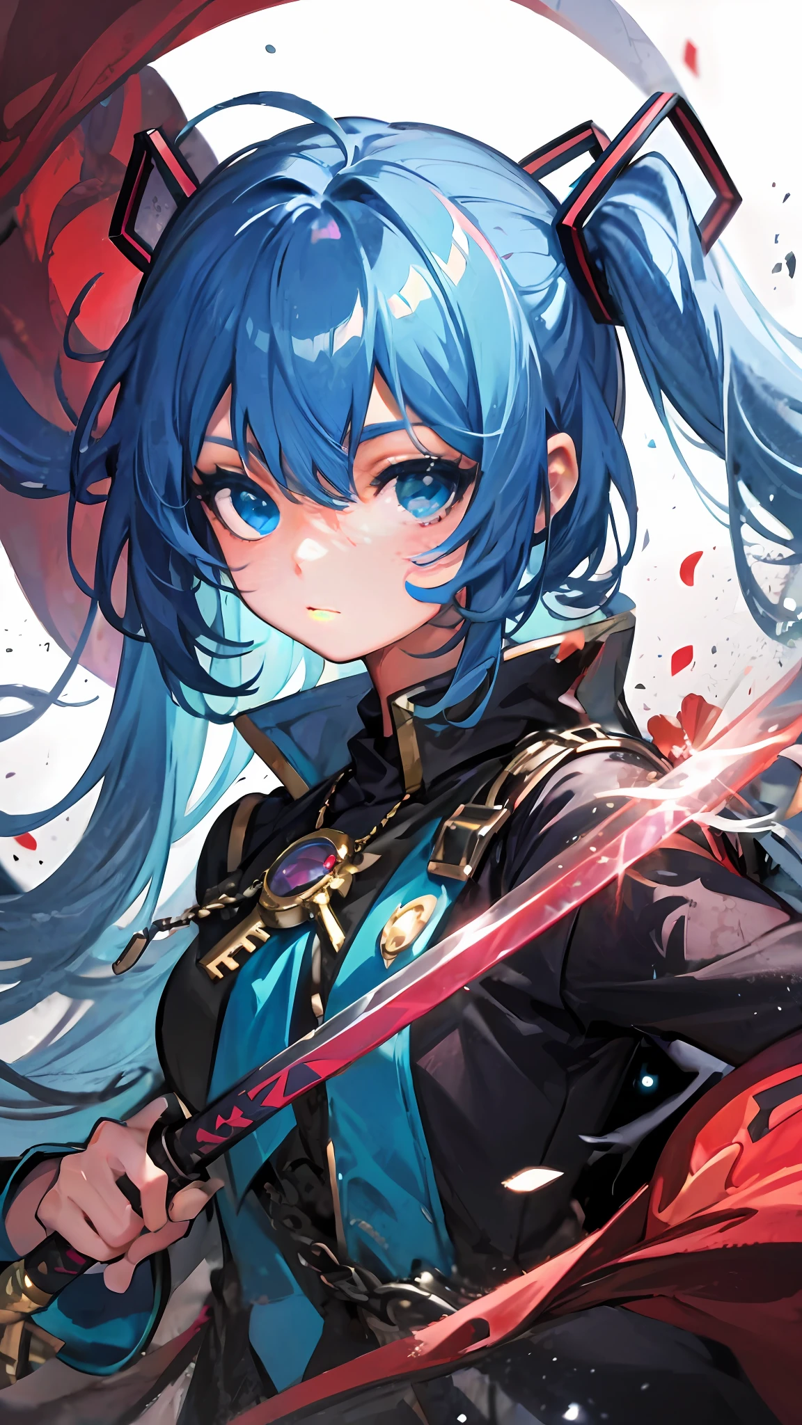 Close up portrait of a person with a sword and flowers, official artwork, Detailed key anime art, 2 D Anime, 2d art cover, katana zero video game character, hatsune miku in warhammer 40k, Official art, anime cover, touhou project official artwork, 2 d anime style, full color manga visual style, official anime artwork