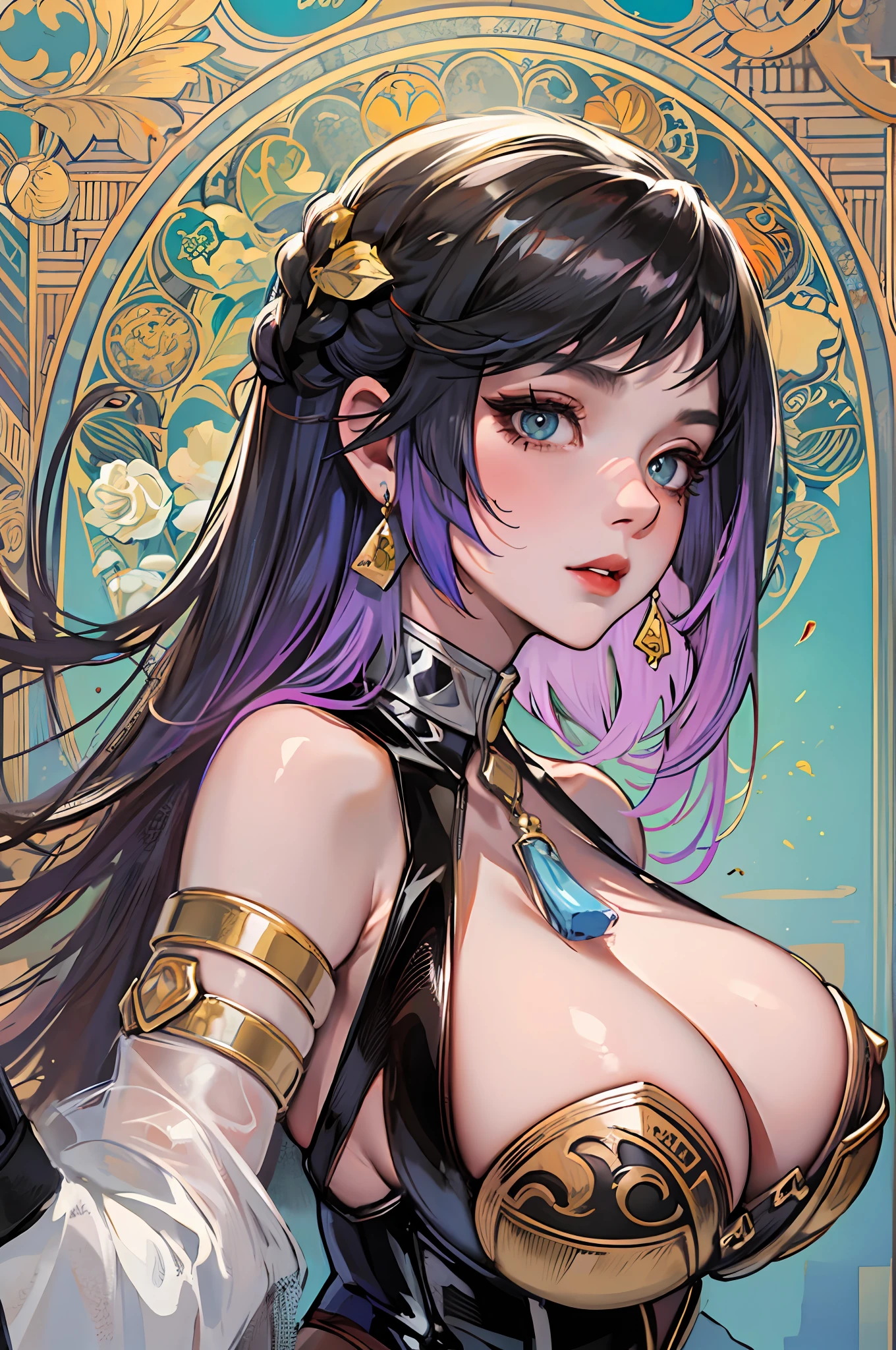 Portrait of the face of a mature woman , with long coiled hair,Plump body,crisp breasts,鎖骨,huge tit,gigantic cleavage breasts,cleavage,Huge breast,white colors,Gold picture frame edge, Floral frame, Decorative panels, abstracted,waistup,Corset,gold,Pedras preciosas,photorealestic,Artistically,An Alphonse Mucha's
(tmasterpiece,best qualtiy,A high resolution:1.4),the detail,complexdetails,4K,colored splashing,Line art,Fibonacci,