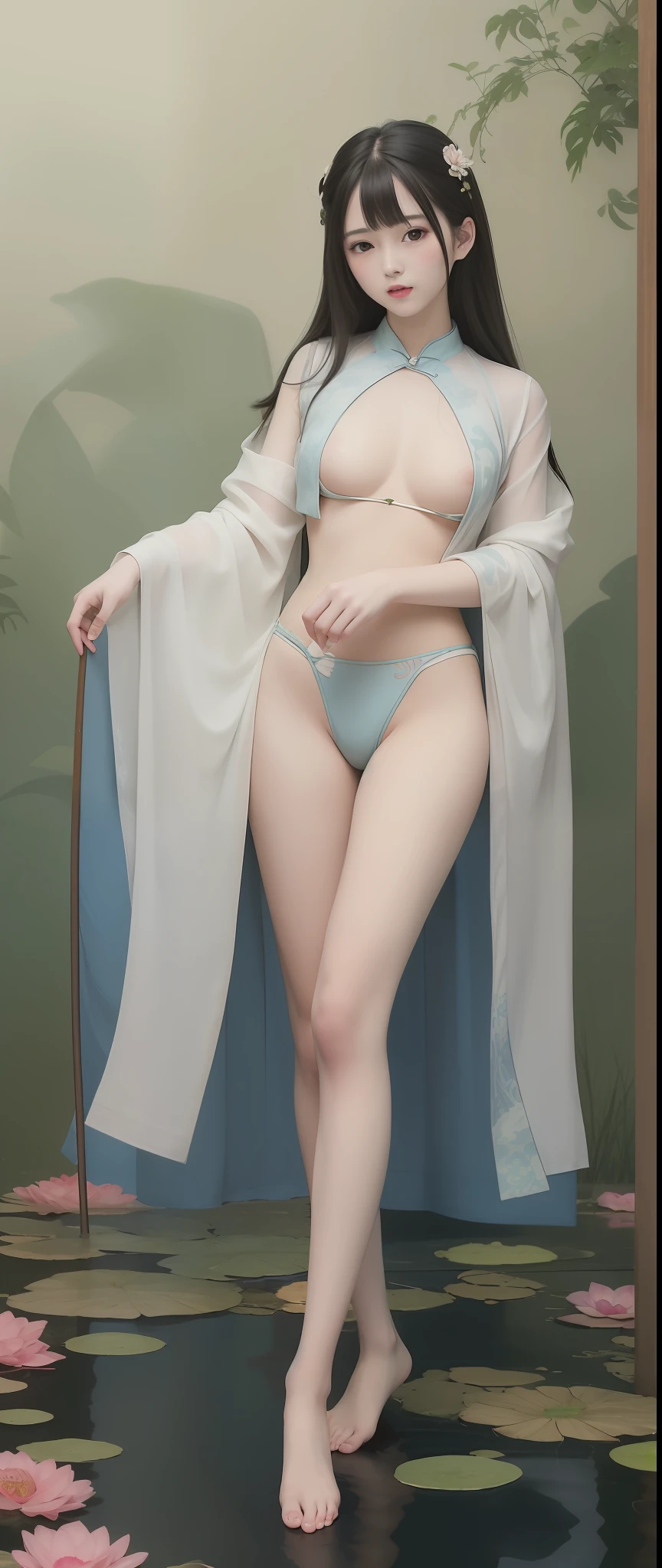 ((4k,masterpiece,best quality)), shuimobysim, Traditional chinese painting, lotuses, Hanfu, maxiskit,  1girl, solo, blue long hair, ssmile, standing on your feet,The barefoot,Legs are fully open，Leaking panties，Hands touch chest