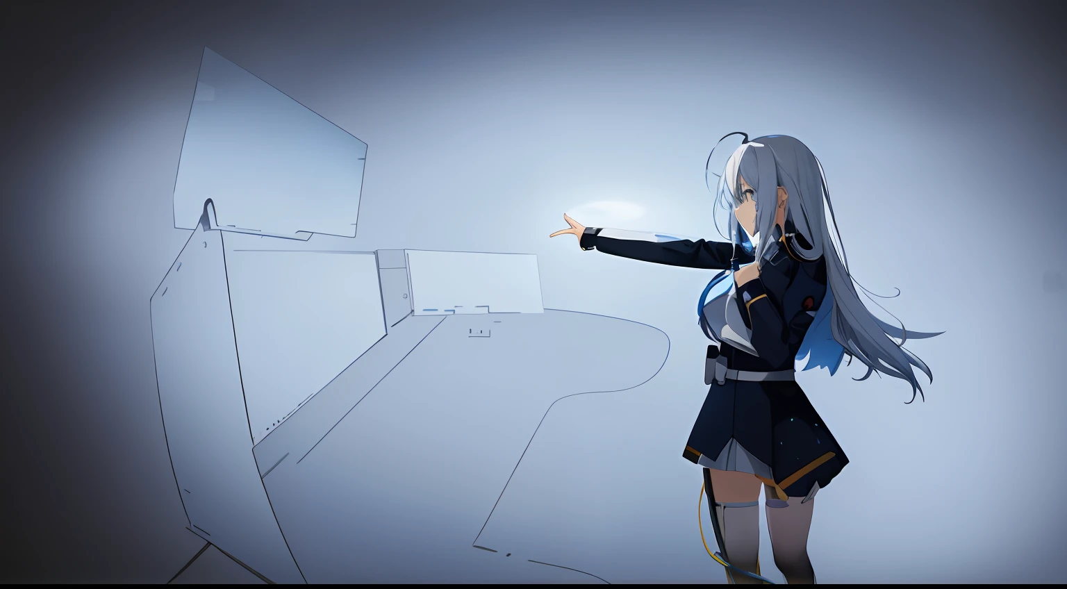 Anime girl in uniform pointing to computer screen，With the lights on, Anime keyframes, keyframe illustration, ufotable art style, Digital art on Pixiv, keyframe, 2 d - animation, Digital anime art, Digital anime illustration, Smooth anime CG art, hologram hovering around her, anime styled digital art, 2D game fanart
