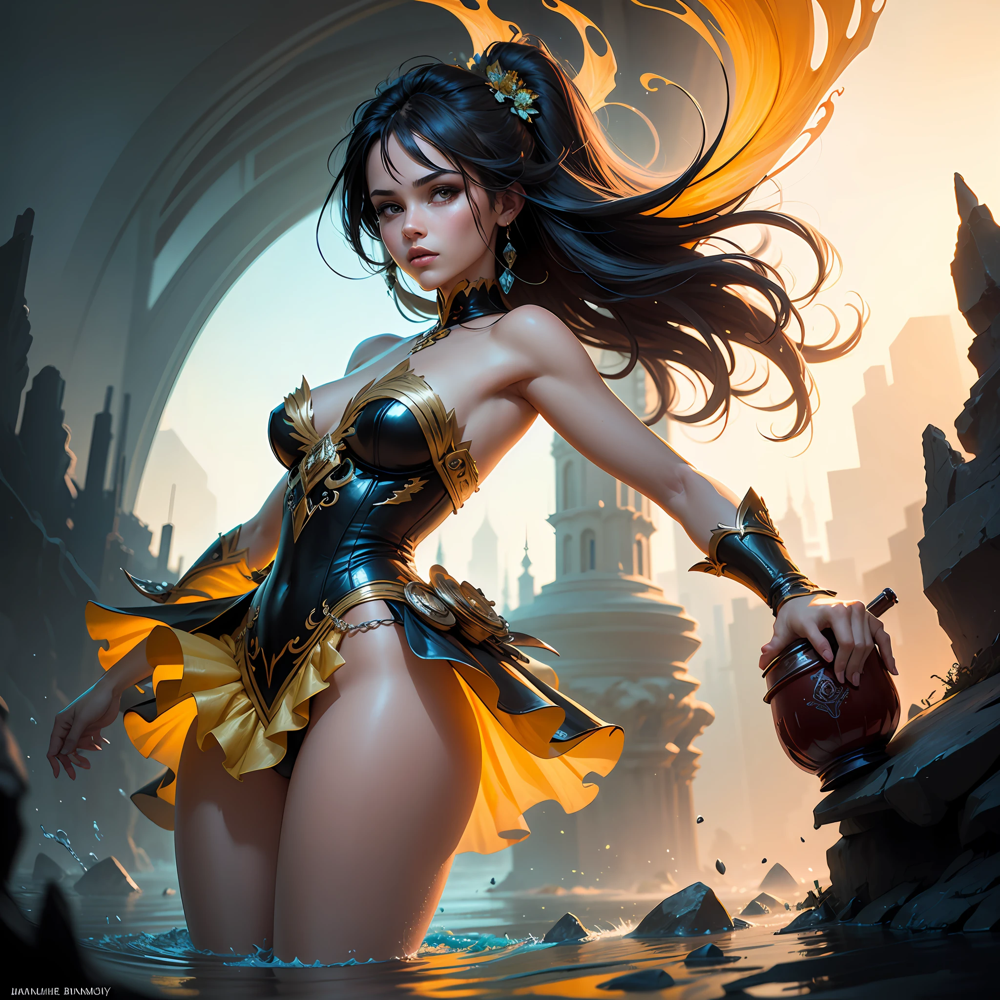 Water fairy in lake; magic dress, Ben Bauchau, Michael Garmash, Daniel F Gerhartz, Clint Cearley, Carne Griffiths, Jean Baptiste Monge, strybk style, warm dreamy lighting, matte background, volumetric lighting, pulp adventure style, fluid acrylic, dynamic gradients, bold color, illustration, highly detailed, simple, smooth and clean vector curves, no jagged lines, vector art, smooth, johan grenier, character design, 3d shadowing, fanbox, cinematic, ornate motifs, elegant organic framing, hyperrealism, posterized, masterpiece collection, bright lush colors, TXAA, penumbra, alcohol paint, wet gouache --auto
