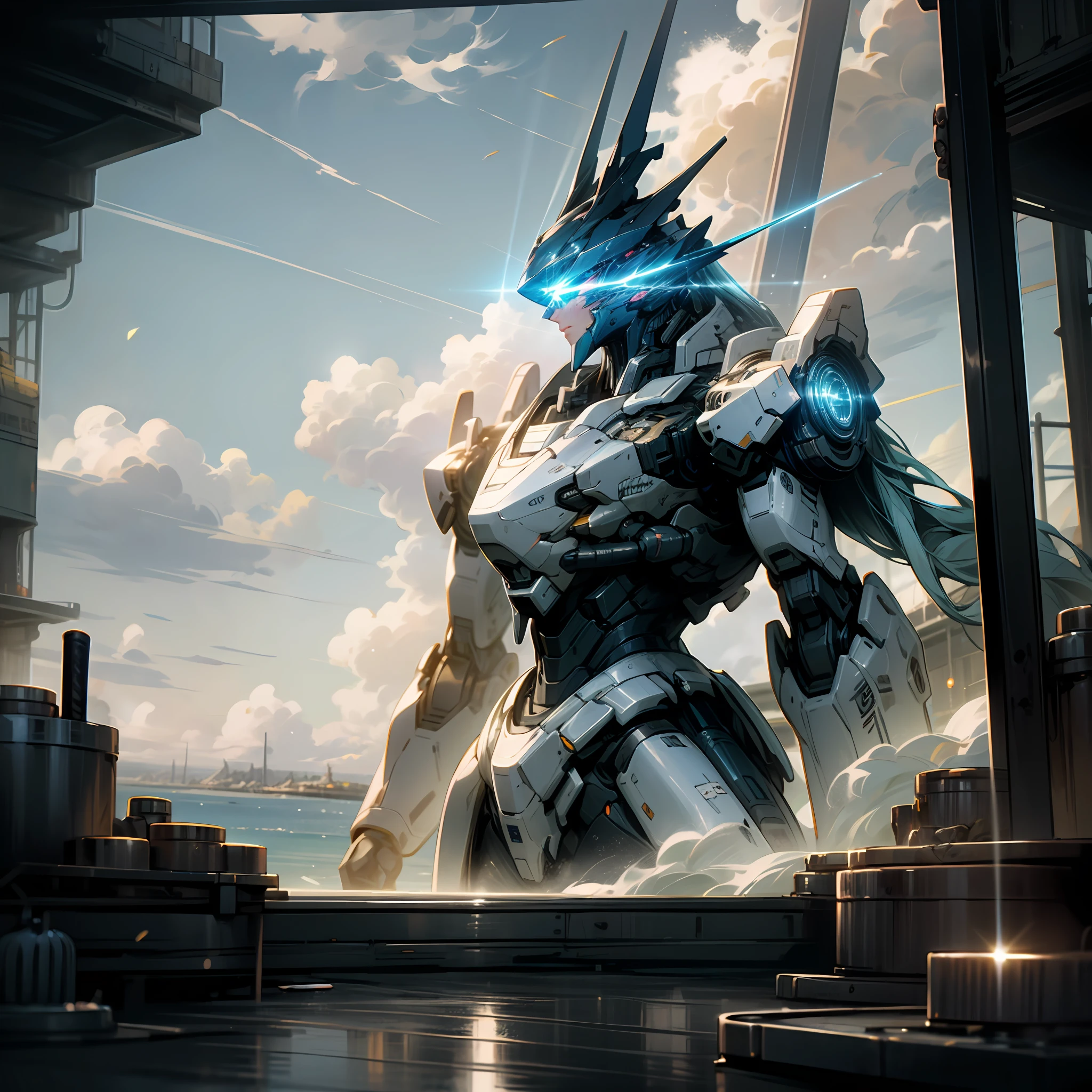 Up，sea surface，Skysky，​​clouds，Mecha giant，With a lightsaber，eyes glowing，8K quality，Highest image quality，The light from the back window is backlighted，Delicate picture，detail-rich，sci-fy --auto
