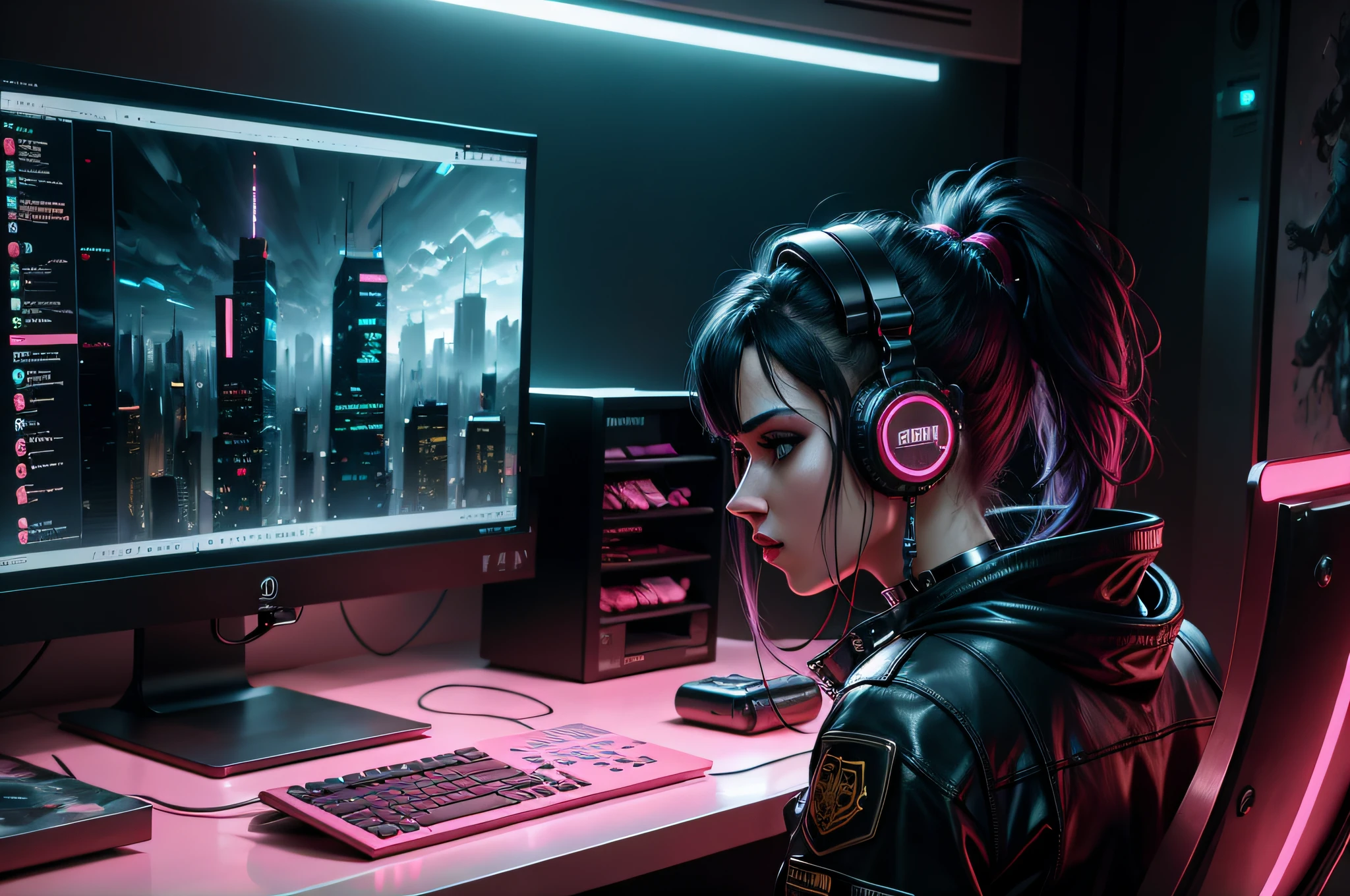 detailed realistic cyberpunk female character cyberpunk wearing steel collar around neck, realistic, art, beautiful, 4K, collar, choker, collar around neck, punk, artstation, detailed, female, woman, choker, cyberpunk, neon, punk, collar, choker, collar around neck, thick collar, choker around neck, wearing choker, wearing collar, bright neon punk hair, expressive oil painting, cinematic, dramatic lighting, trending on artstation, artgerm