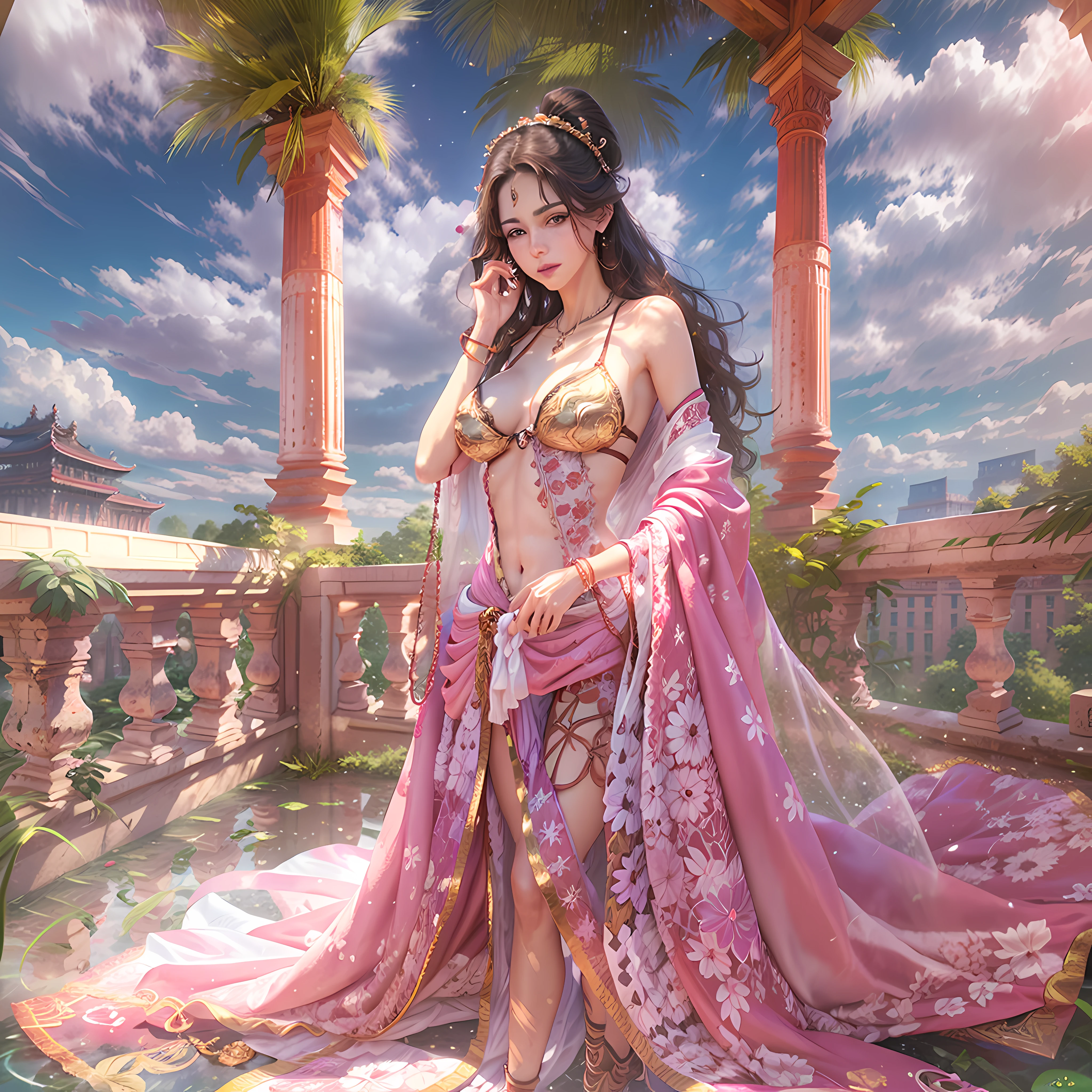 Quality - unparalleled masterpiece, ultra realistic 16k CG, Perfect artwork, (Detailed accessories),
Character - Fashion ultra beautiful Latin American girl, (perfect women figure), Mature female, Narrow waist, Clean, Changeable and beautiful face, Pure face, Pale skin, absurdly long golden hair, (F cup of large breasts, breasts in, puffynipple, small, middle areolae), Divine goddess, Shiny skin, dent in the skin, (Rich:1.2), Colorful eyes,
Background - (The sky is dreamy, Colorful cloudscape in the evening):1.5, The beauty landscape of the cosmic sea gradually entered our retinas, On the luxurious roof balcony of the ancient and complex summer Royal Palace, These beautiful maidens were surrounds behind,
Cloth - (Chinese embroidered hollow cloak, Translucent lace, Lace trim, lace-trimmed legwear, delicate patterned, intricate precision structure, prestige, Gorgeous, (Jewelry chain to rope by Japanese bondage with diamond pattern and bracelet necklace):1.5,
Emotions - sexy, Pout, Shy, Blush, Ear blush, Lick lip,
Light and shadow - adjust light and shadow according to the shape and position of character and objects, reflective light, Ray tracing, speed-line,
pose proportion - Lift a perfectly slender leg above your head in gorgeous baroque style, absolutely accurate human anatomy, best for human proportion and size,
viewport- looking at viewer, eyes reveal challenge and temptation,