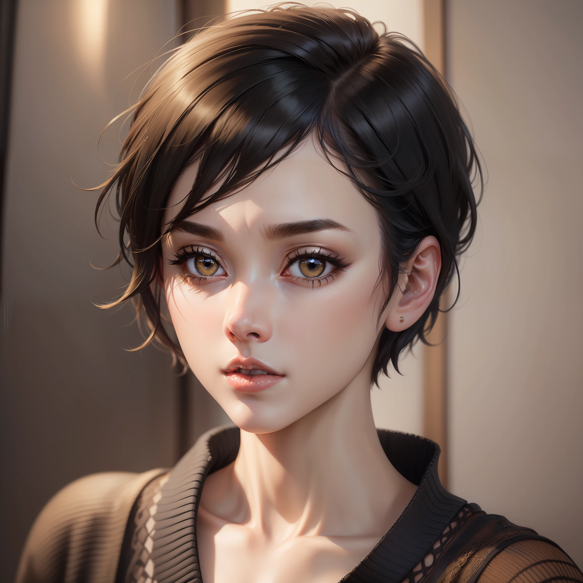 (masterpiece:1.3), (8k, photorealistic , best quality: 1.4), (1girl), beautiful face, (realistic face), (black hair, short hair:1.3), buzz cut , realistic brown eyes, beautiful detailed eyes, (realistic skin), beautiful skin, (sweater), absurdres, attractive, ultra high res, ultra realistic, highly detailed, golden ratio .