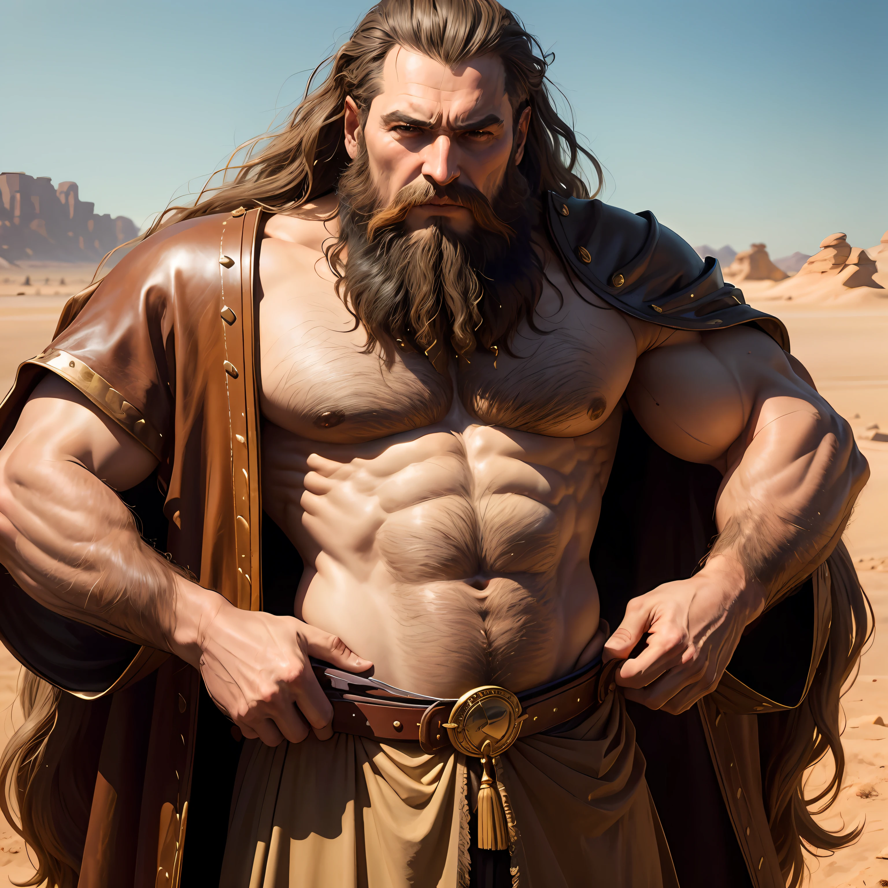 John the Baptist dressed in camel hair and a leather belt. Comia gafanhotos e mel selvagem. Batizou pessoas. Ele foi ousado ao falar. He feared no one. Realistic image. homem forte. barbado. Cabelo um pouco comprido. Ele vivia no deserto. Homem simples. Tinha cerca de 30 anos.  ????? and arms covered with clothing. Mais esguio.