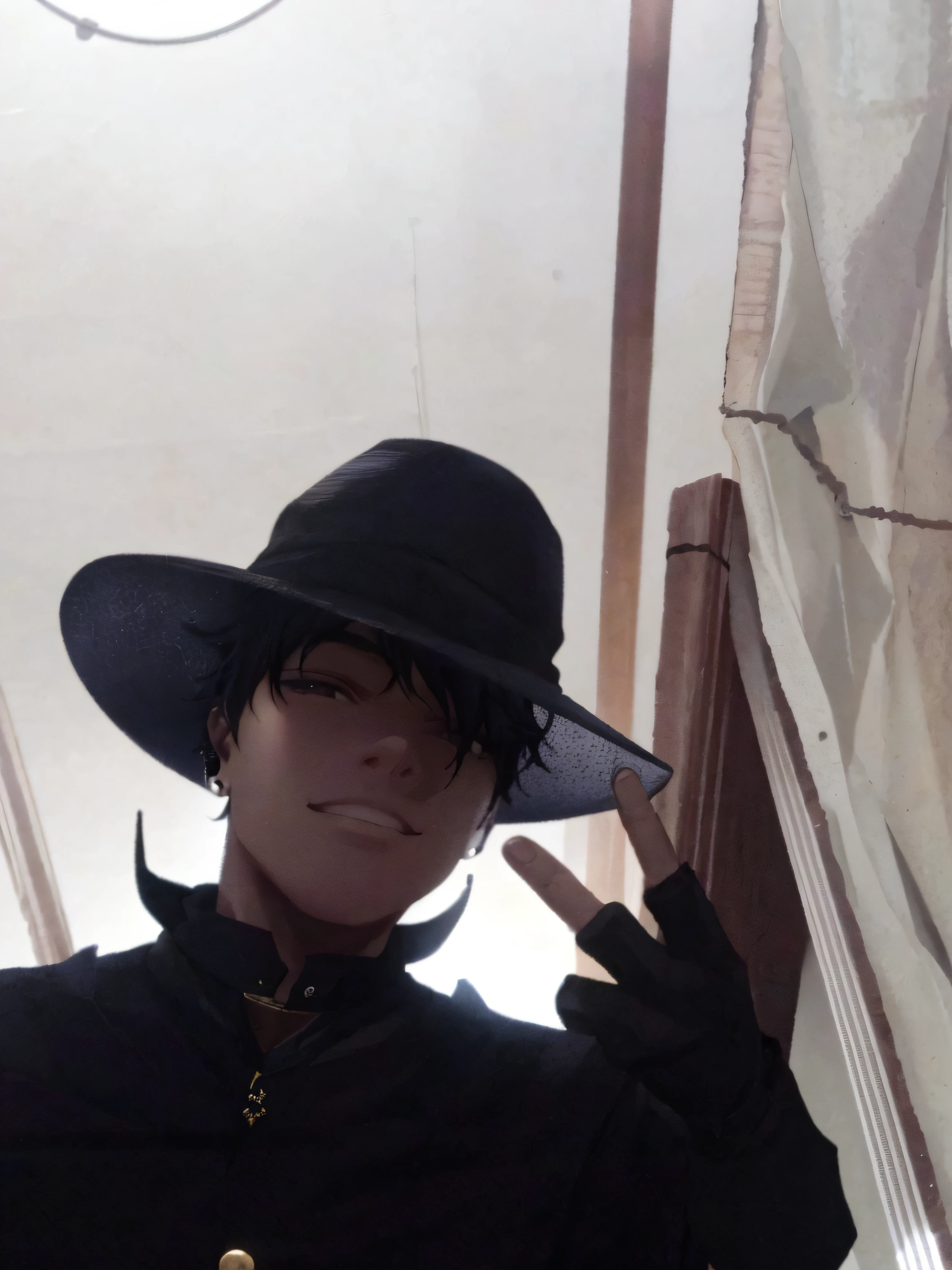 boy that looks younger, Short black emo hair, fully black beach hat, perfectly brown eyes, black witch/dress, black gloves, closed mouth smile, extremely detailed, 8k