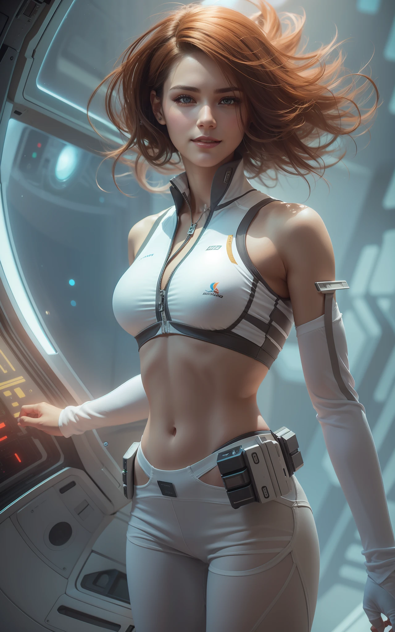 A very beautiful girl,Wear a white sports bra,shorter pants,Bigchest,long sexy legs,scifi style,In spaceships,Mysterious smile,3d magical details,James Jane Soft Light,4K,yuri shwedoff and tom bagshaw,beautiful digital artworks,Sylvain Sarel and Igor Mosky