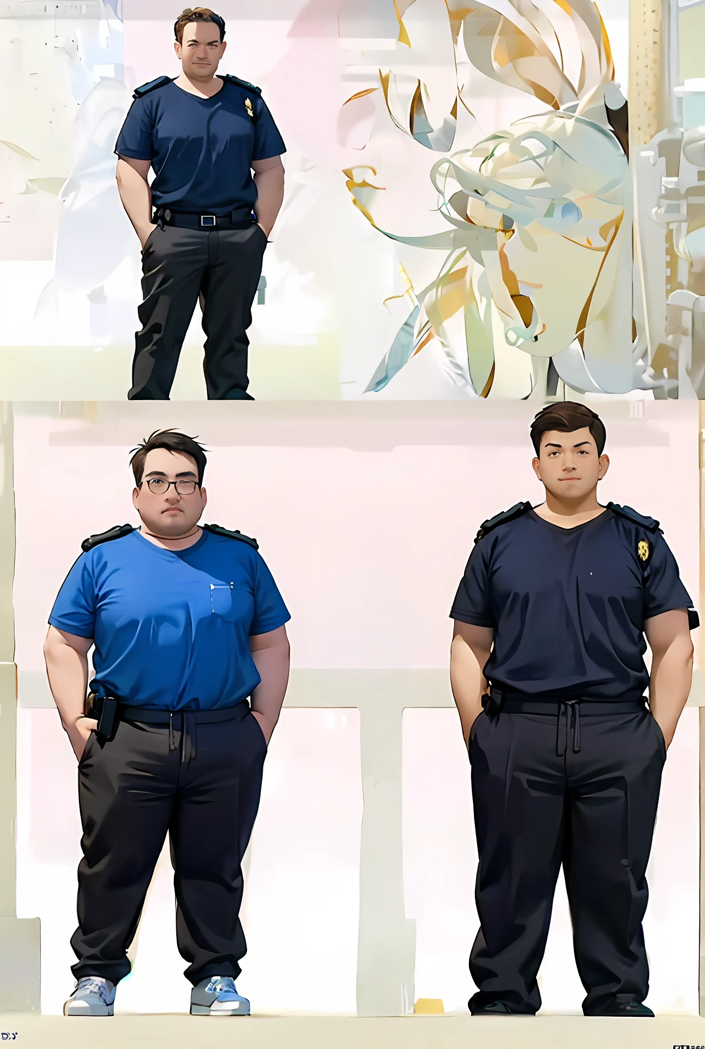 Close-up of four different poses of a man in a blue shirt, harry volk clip art style, Fat figure, concept art of single boy, Character Design Police Man!!, Ultra-exaggerated proportions, masculine proportions, character posing for concept art, full figure centered in portrait, Heavy exaggerated proportions, rotoscoped, in style of kar wai wong