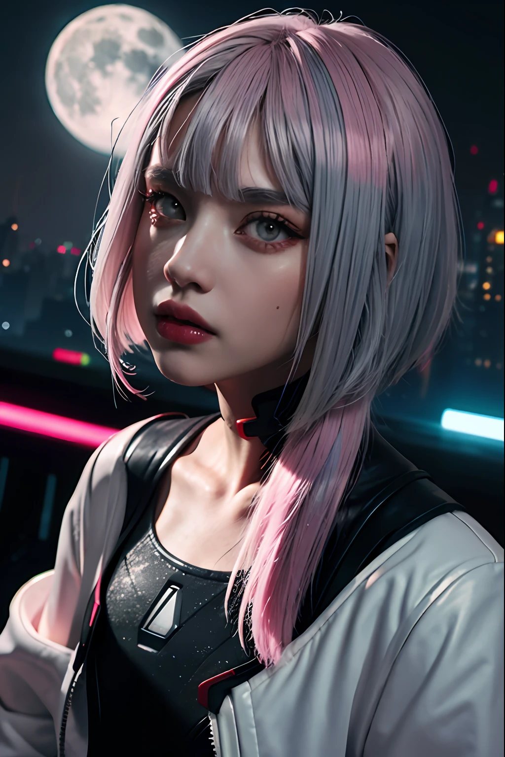 (Top Quality, 8k, Masterpiece, CG)lucy \(cyberpunk\), 1girl, hair scrunchie, hime cut, silver hair, colored tips, full moon, grey eyes, jacket, long sleeves, looking at viewer, super detailed face, medium hair, multicolored hair, bangs parted, lips apart, Pink hair, portrait, red eyeliner, red lips, solo, white jacket, cyberpunk (series), rainy night in neon-shimmering cyberpunk city